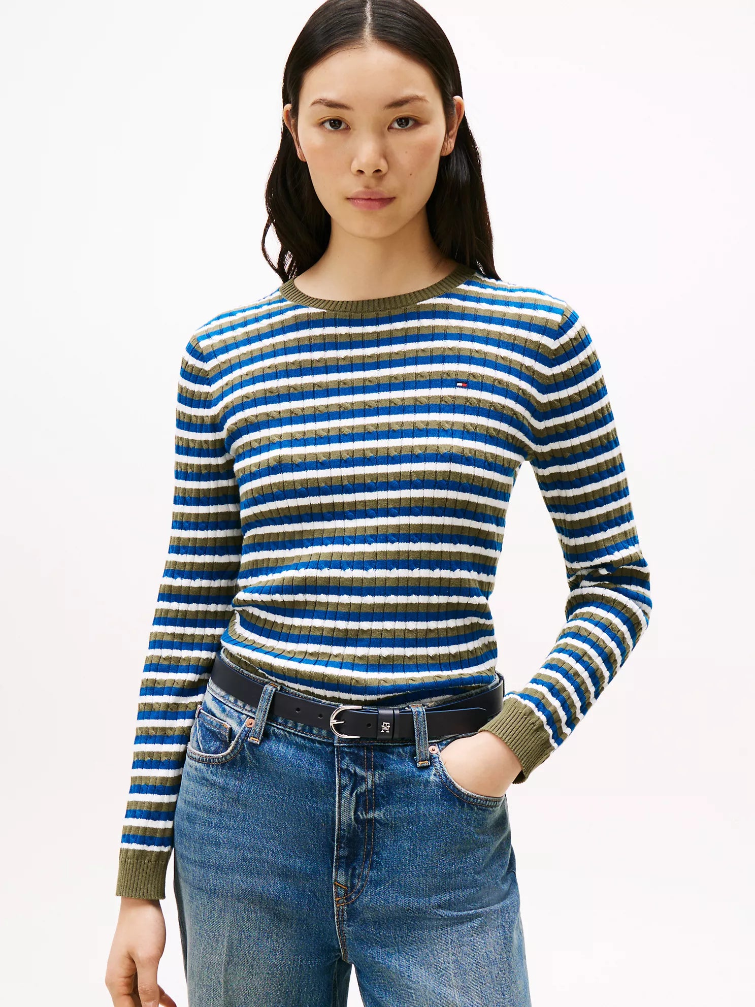 TOMMY WOMENS' Stripe Cable Knit Sweater Utility Olive