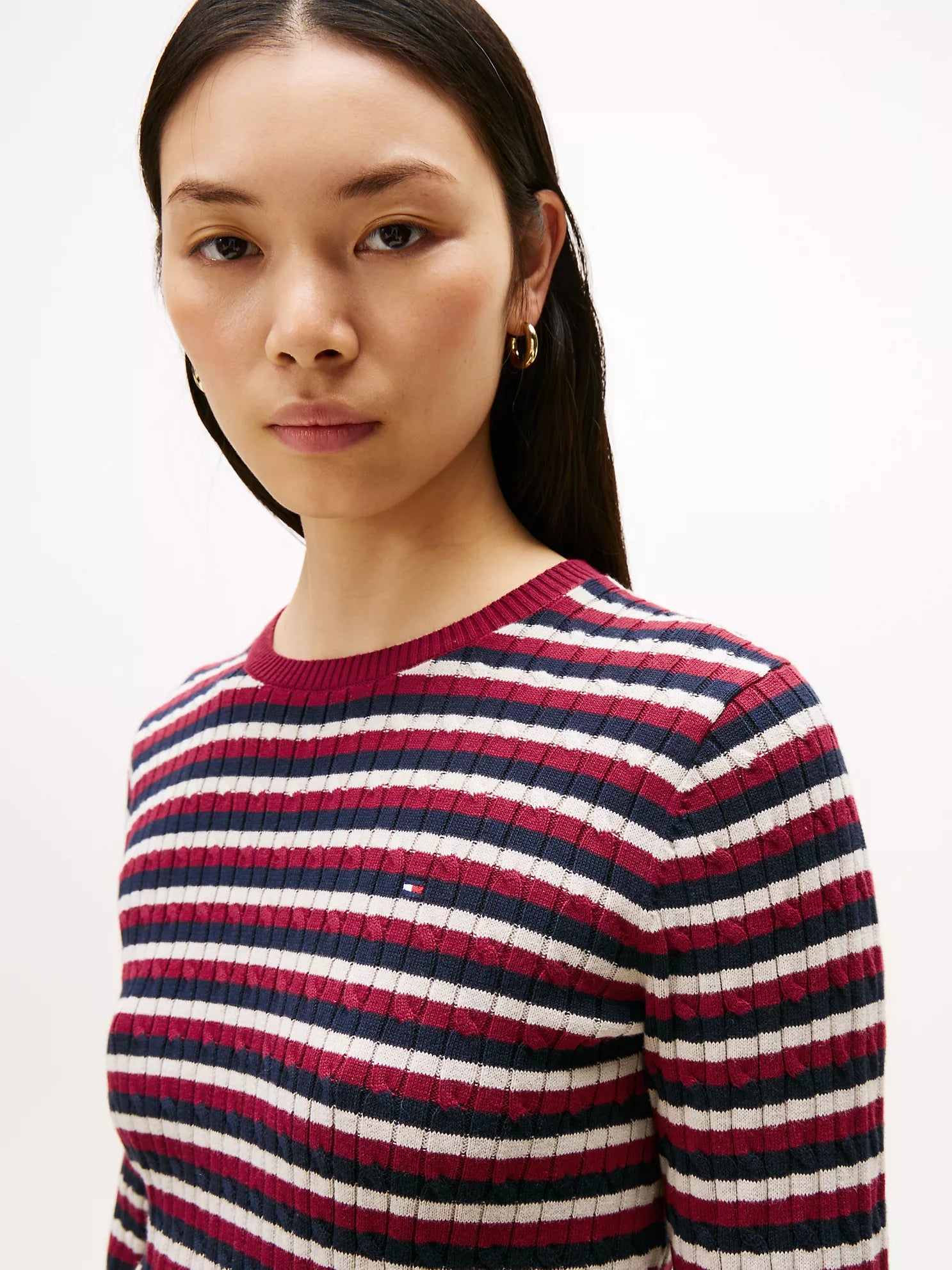 TOMMY WOMENS' Stripe Cable Knit Sweater Rouge