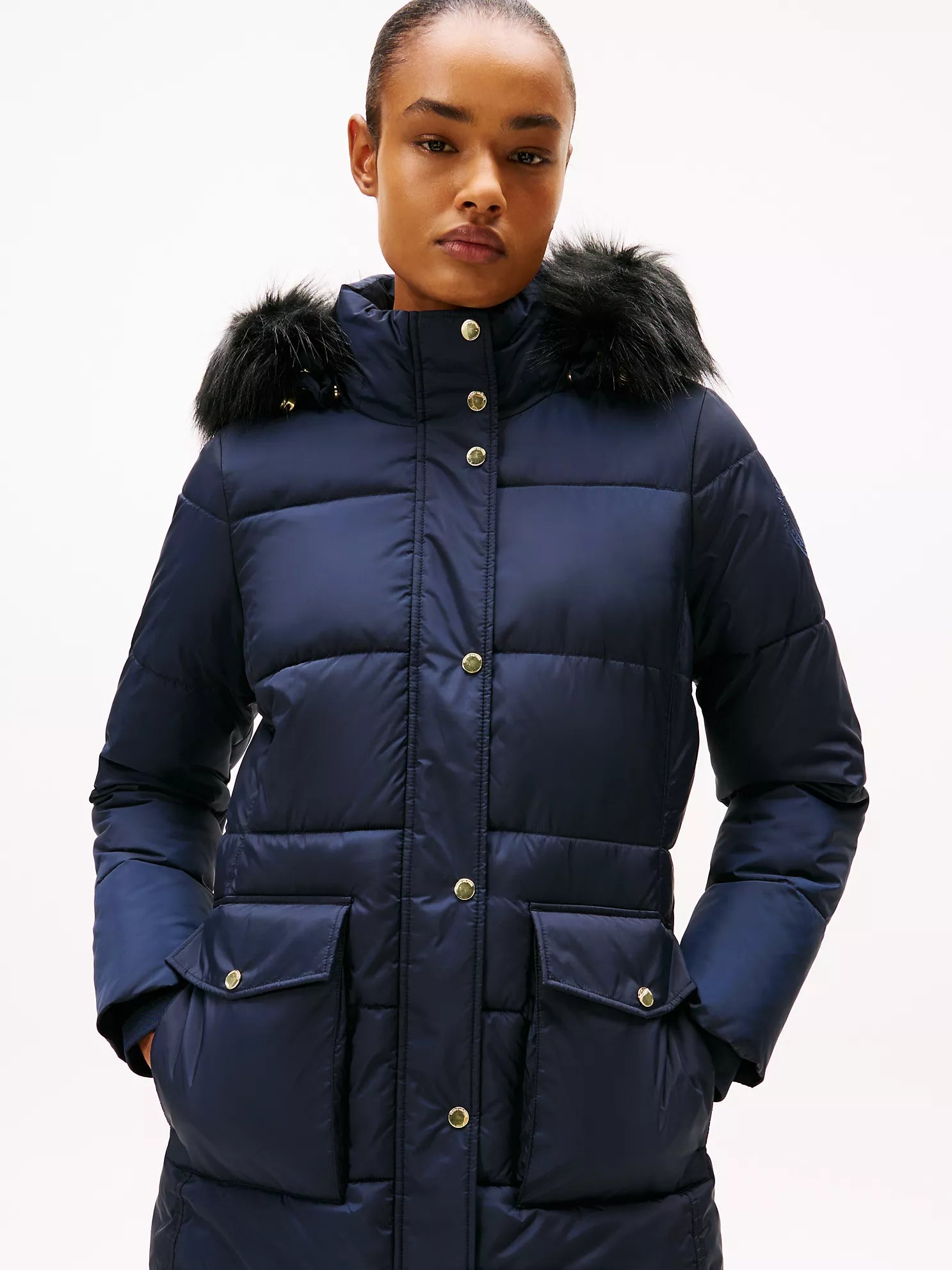 TOMMY WOMENS' Hooded Puffer Coat Navy Blue