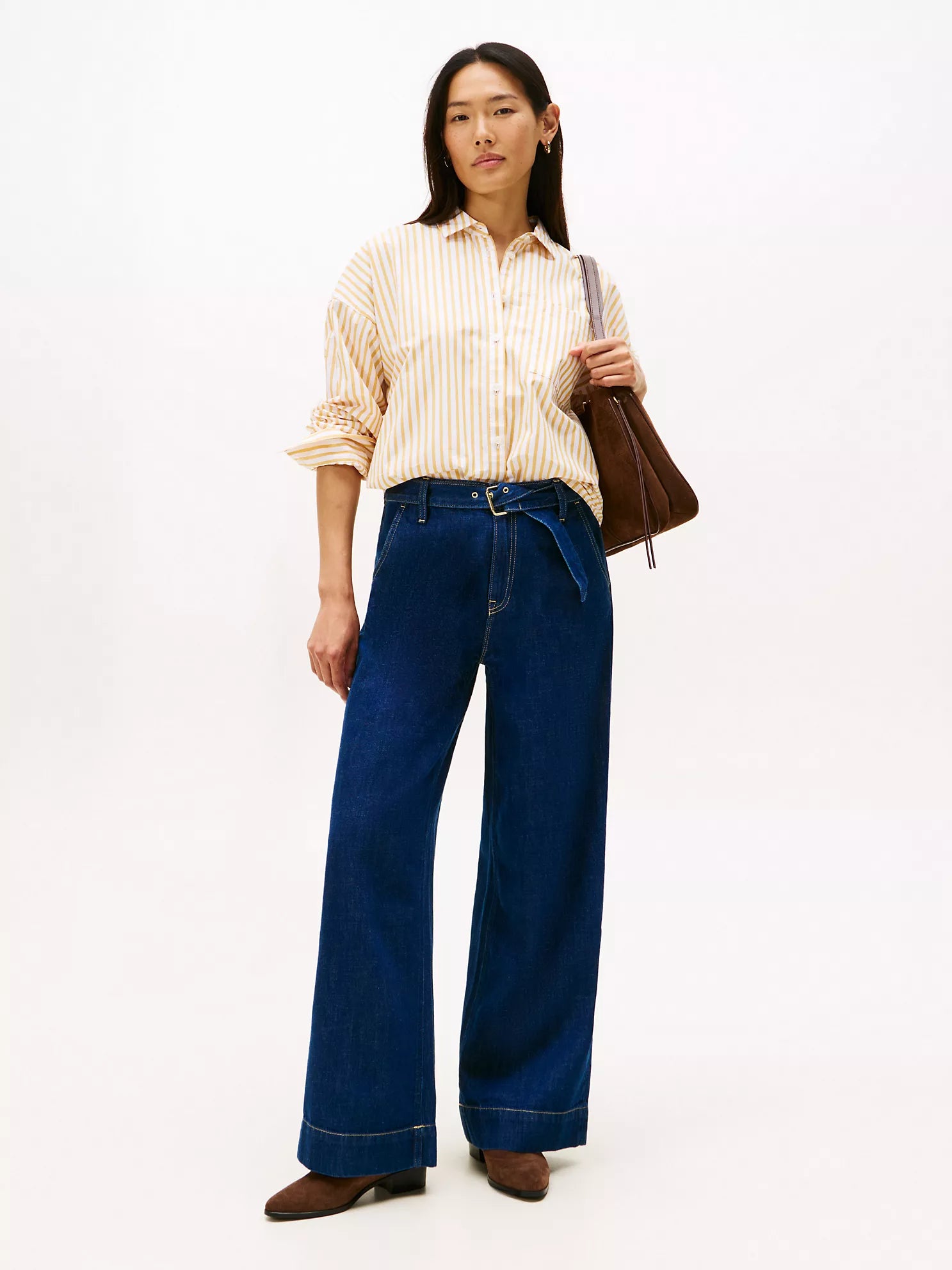 TOMMY WOMENS' High-Rise Belted Wide Leg Jean Medium Wash