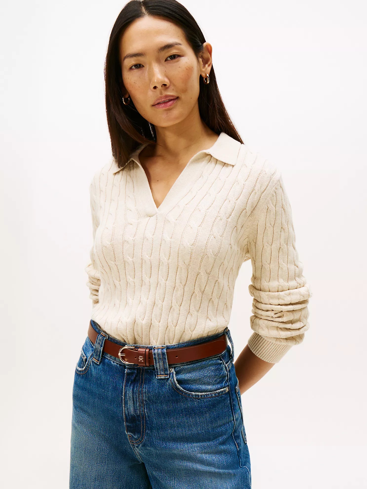 Womens' Open Placket Cable Knit Sweater Polo Dark Beige