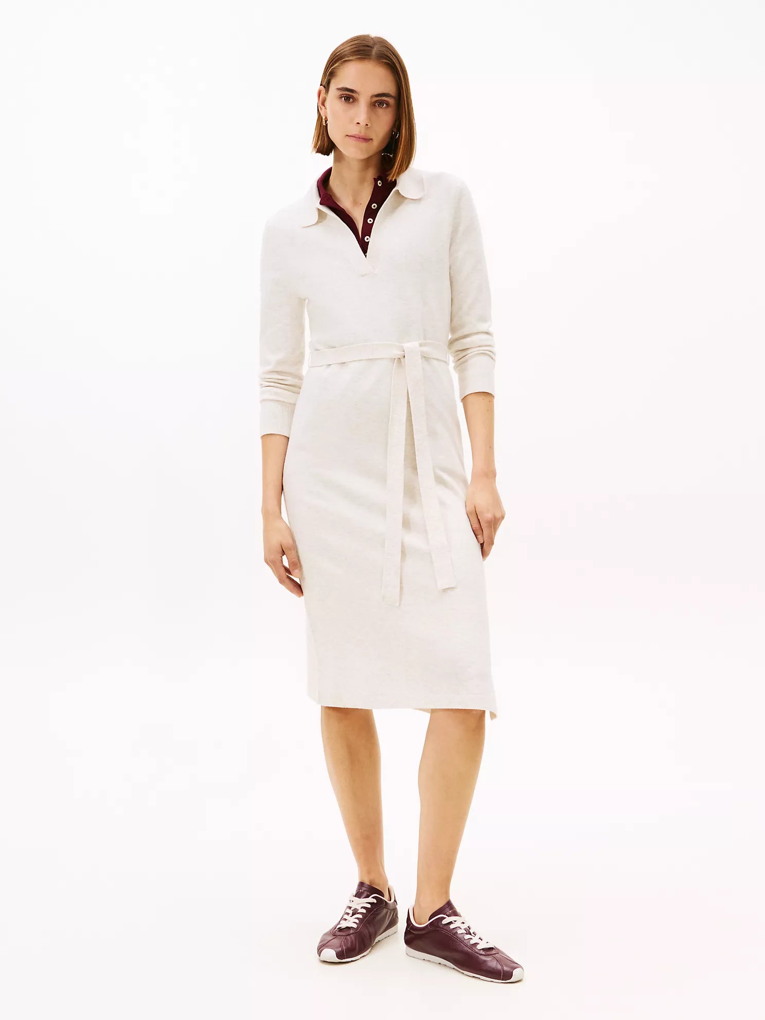 TOMMY WOMENS' Belted Sweater Polo Dress Ivory