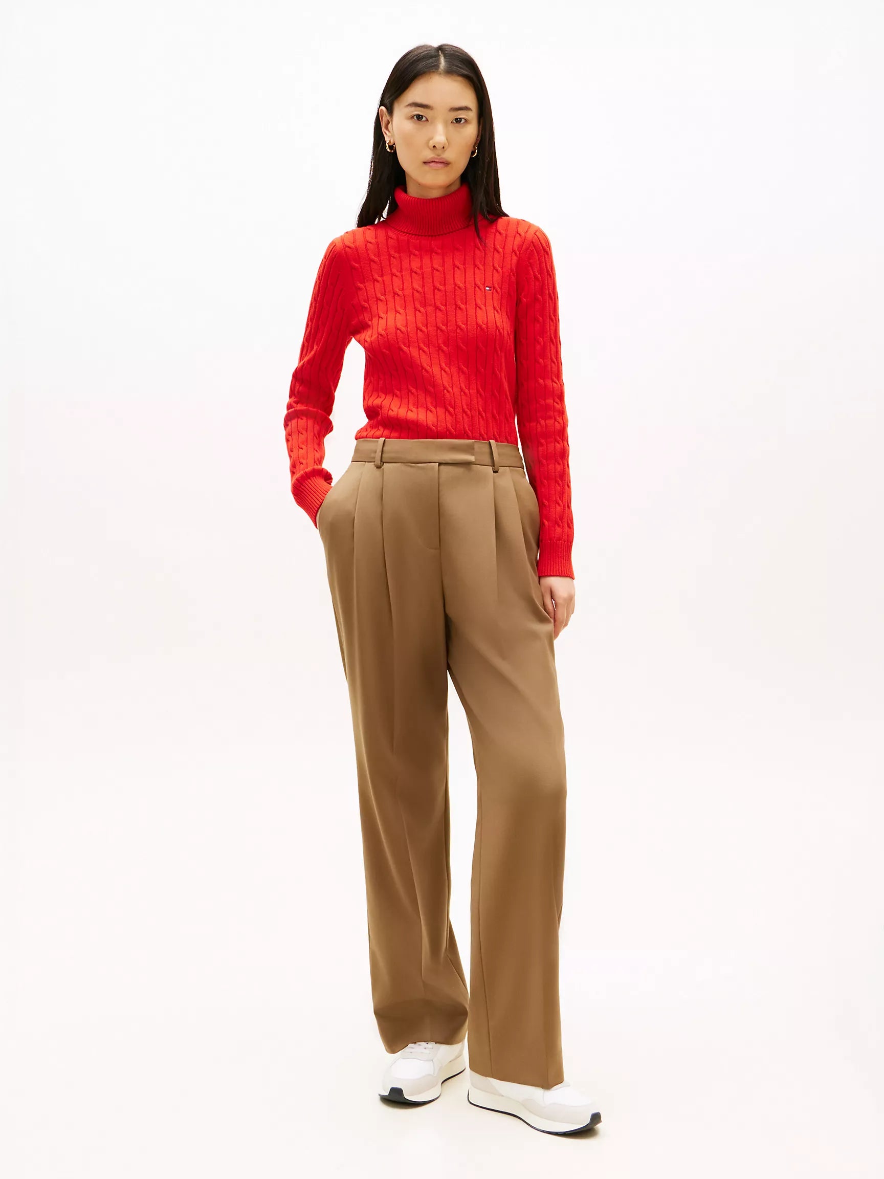 Womens' TOMMY Cable Knit Turtleneck Sweater Deep Crimson