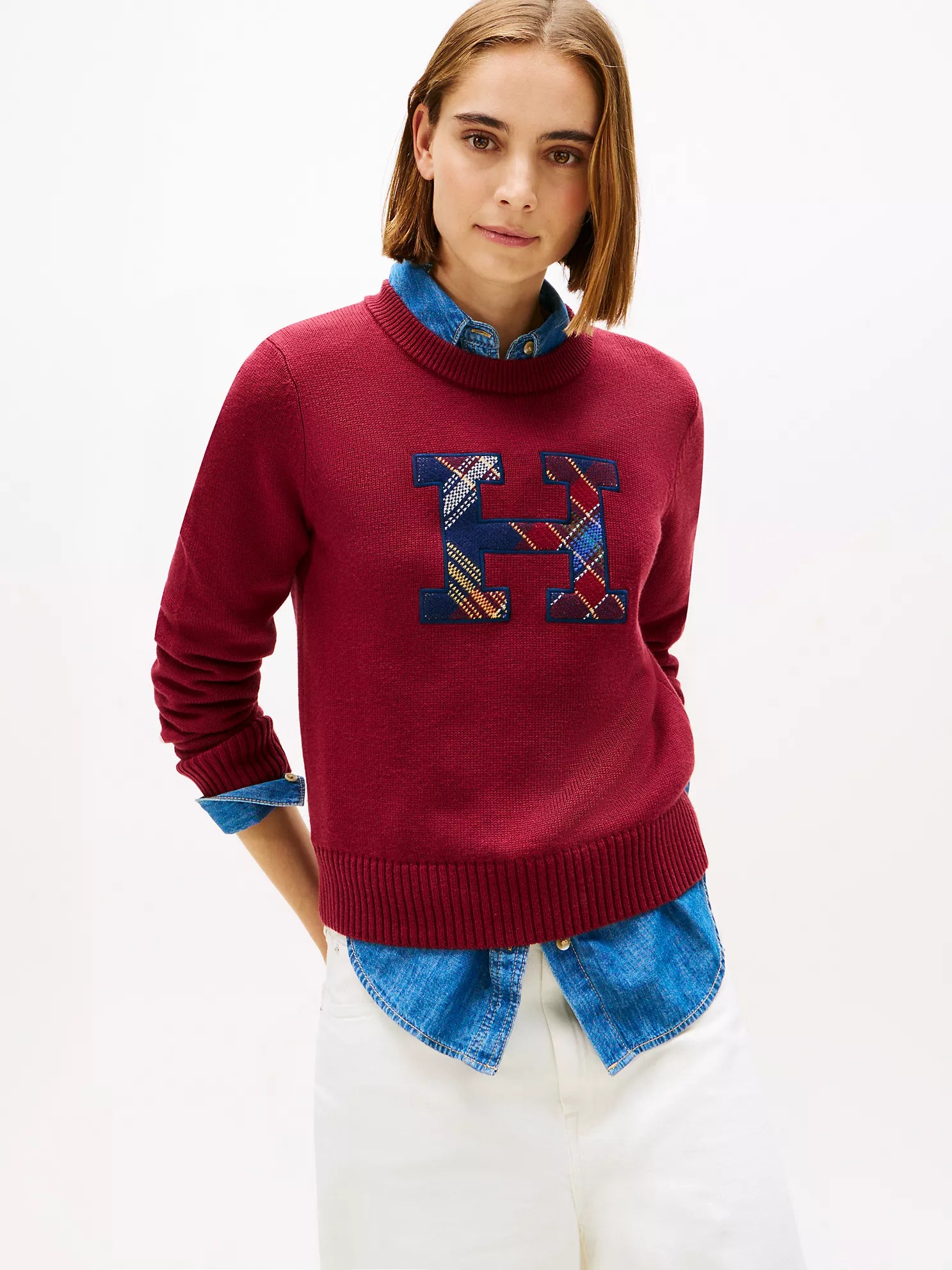 Womens' TOMMY Plaid Monogram Crewneck Sweater Rouge
