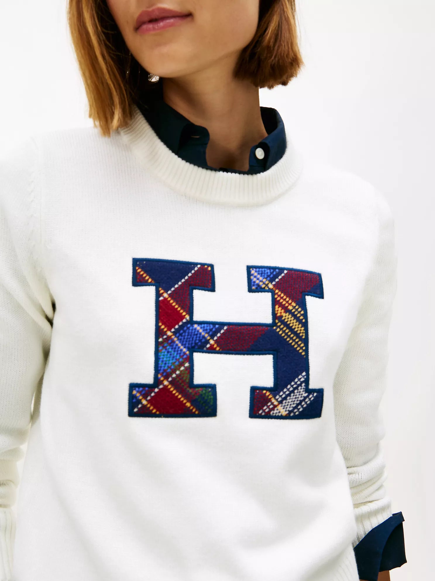 Womens' TOMMY Plaid Monogram Crewneck Sweater Ivory