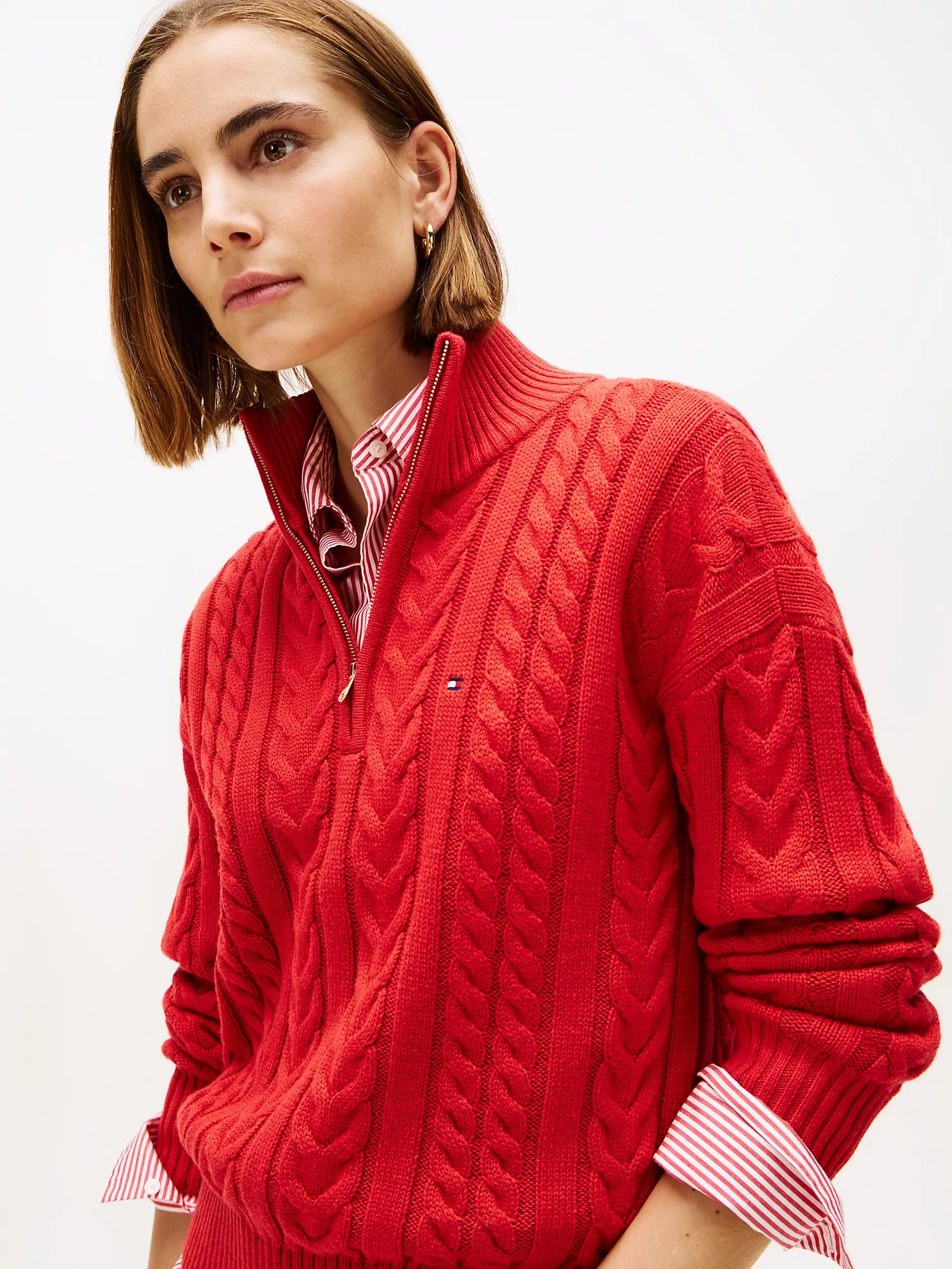 Womens' TOMMY Cable Knit Quarter-Zip Sweater Bright Red