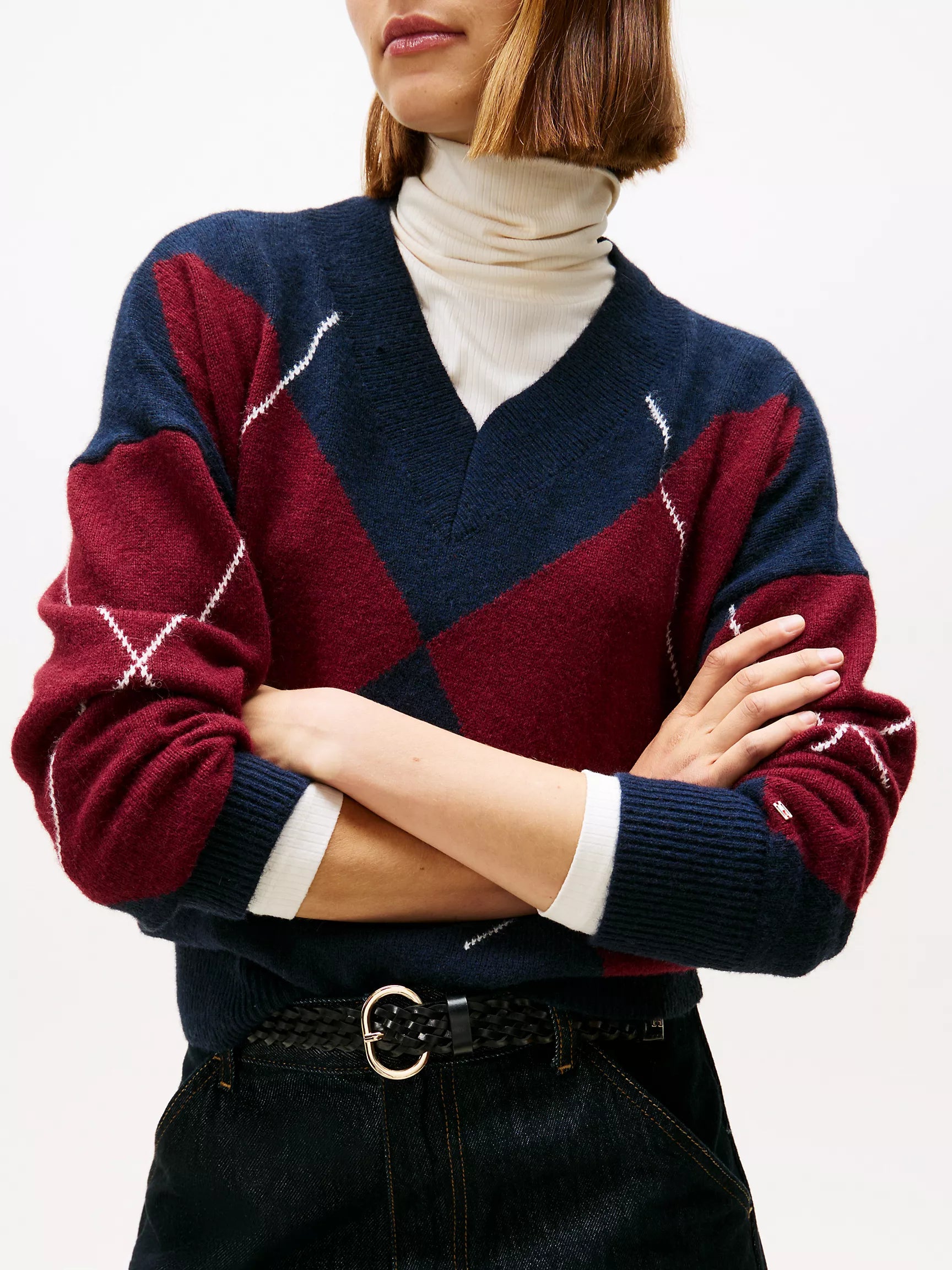 Womens' Tommy Hilfiger Argyle V-Neck Sweater Navy