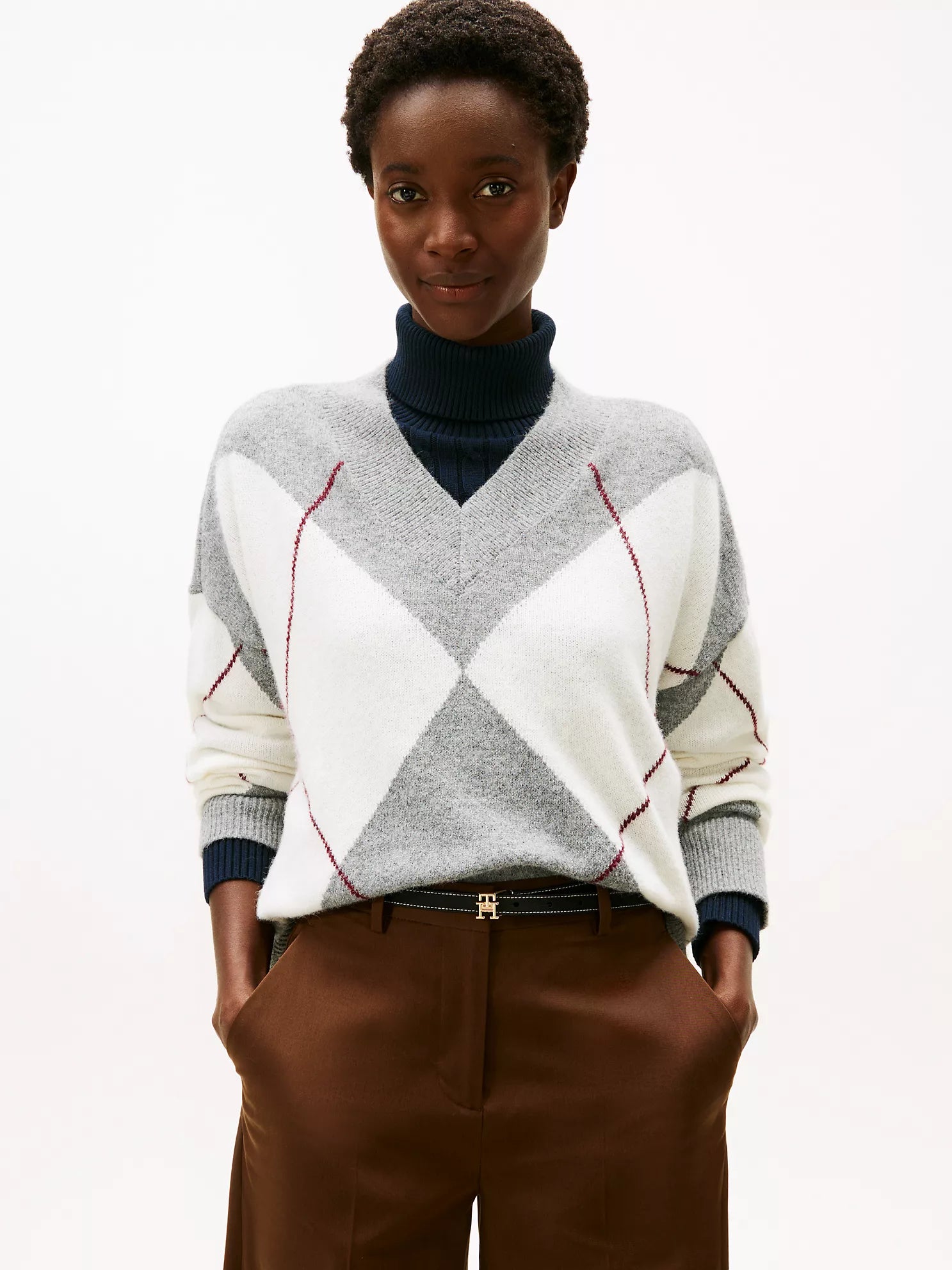 Womens' Tommy Hilfiger Argyle V-Neck Sweater Beige