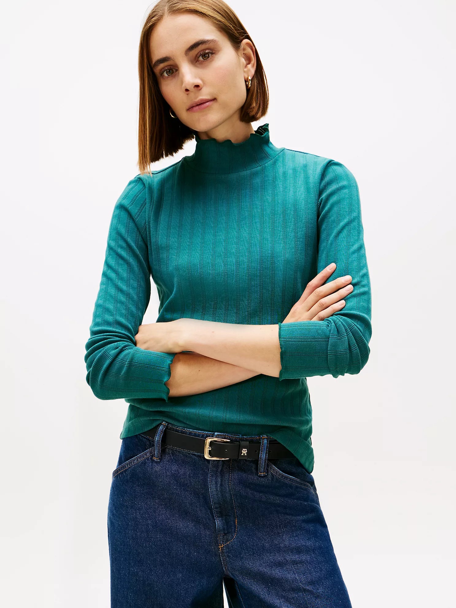 Womens' Tommy Lettuce-Trim Pointelle Turtleneck T-Shirt Atlantis Green