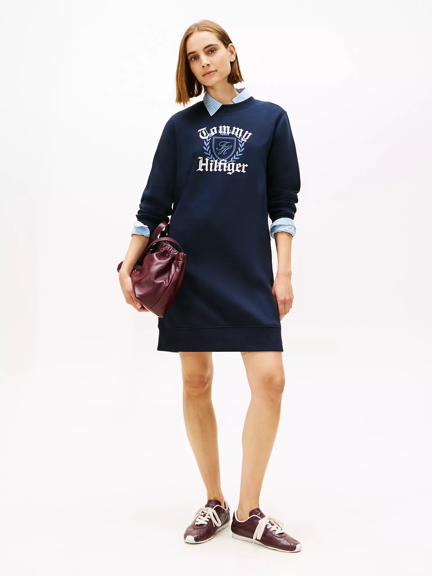 TOMMY WOMENS' Varsity Crest Fleece Sweatshirt Dress Navy