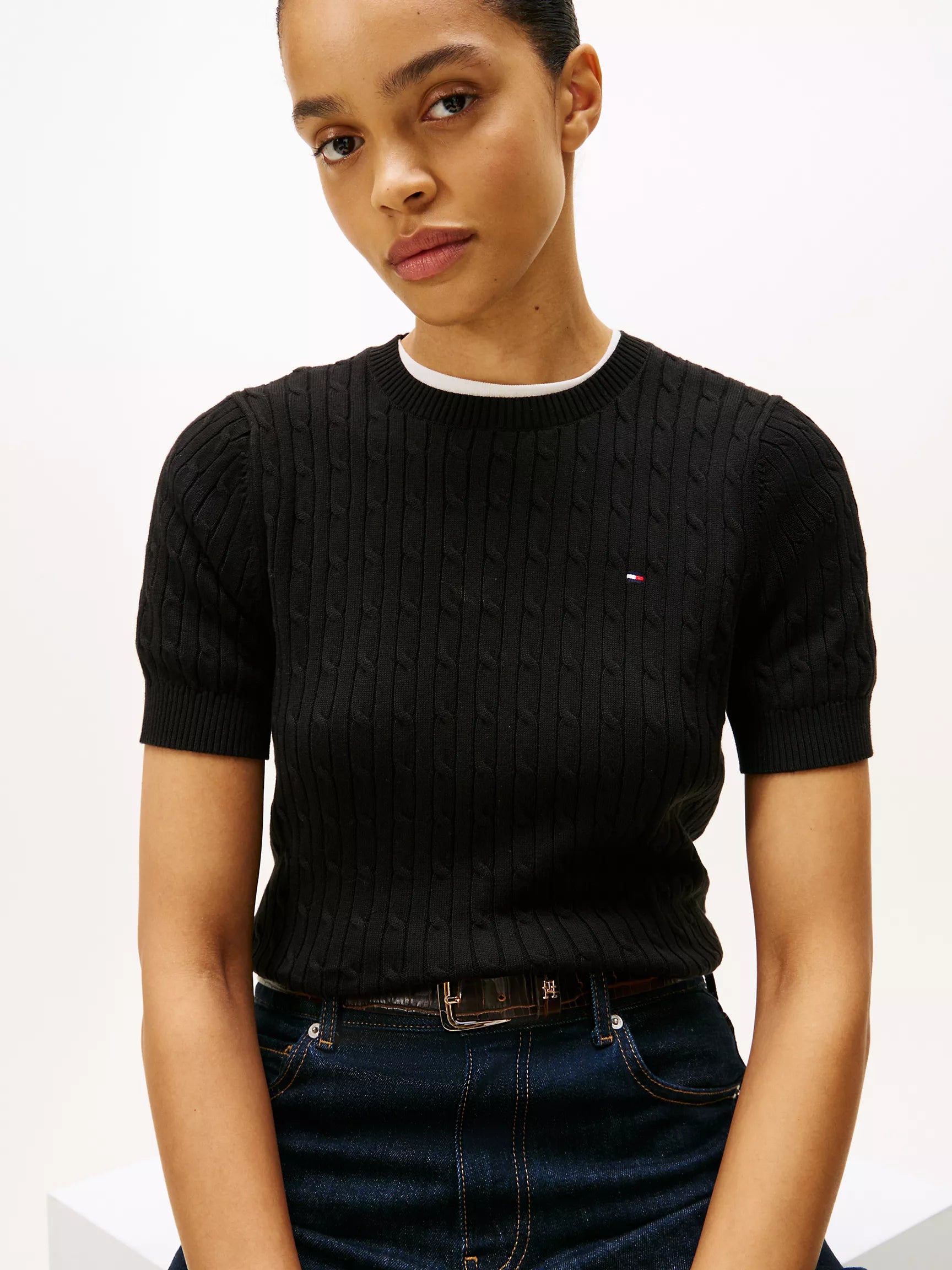 Tommy Womens' Short-Sleeve Cable Knit Sweater/ black