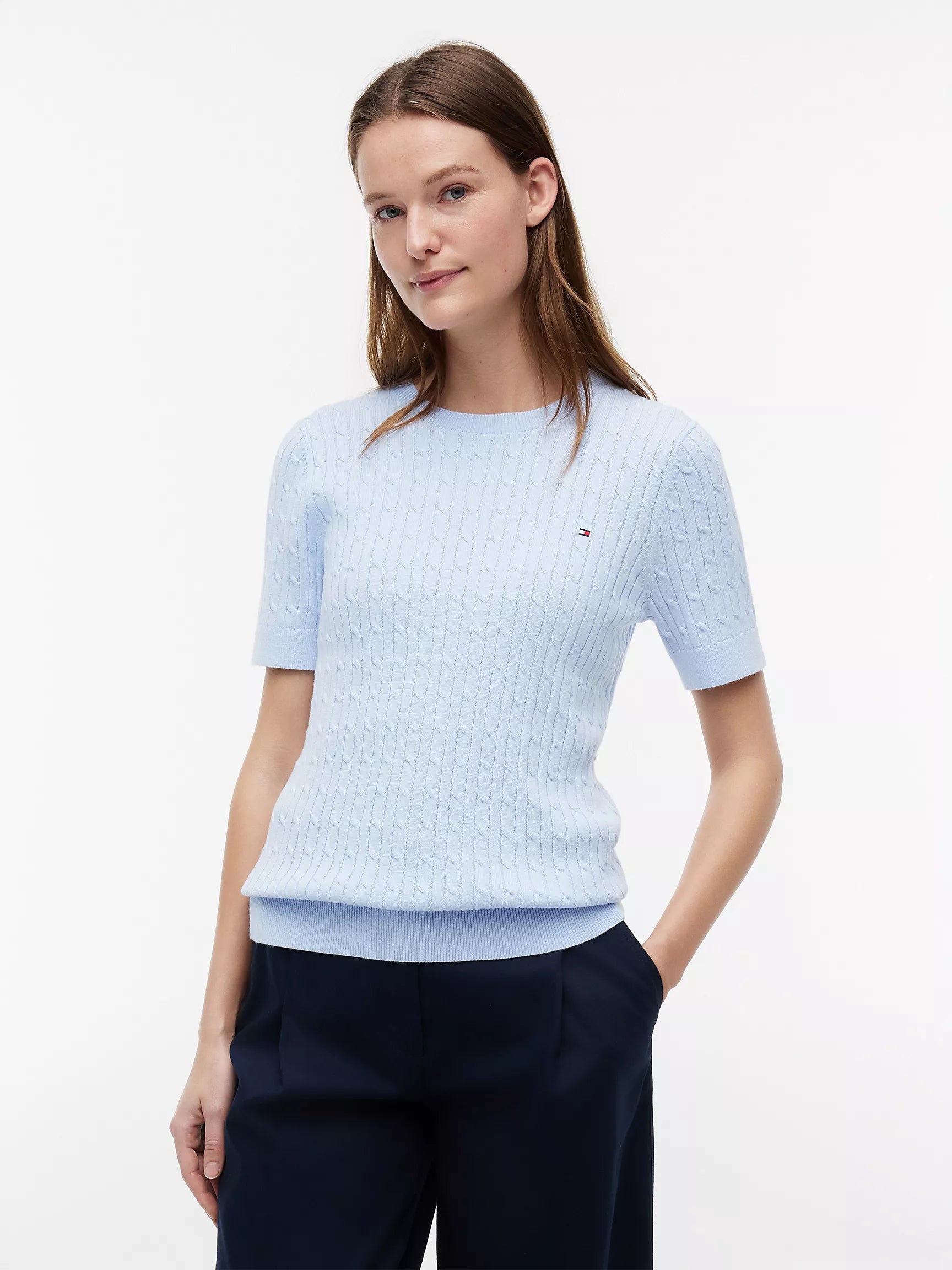 Tommy Women's Short-Sleeve Cable Knit Sweater-Sweet Blue