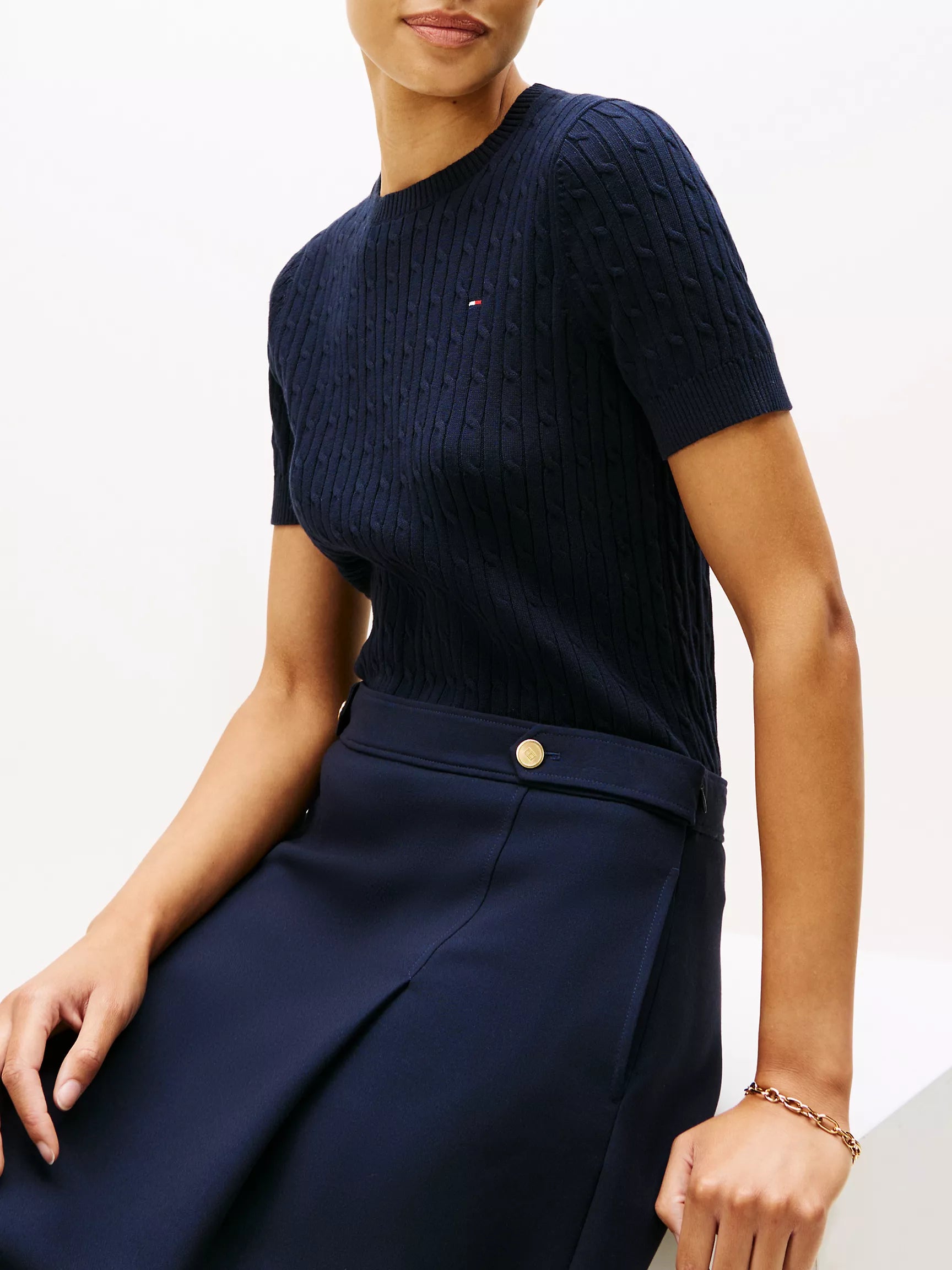 Tommy Womens' Short-Sleeve Cable Knit Sweater Navy