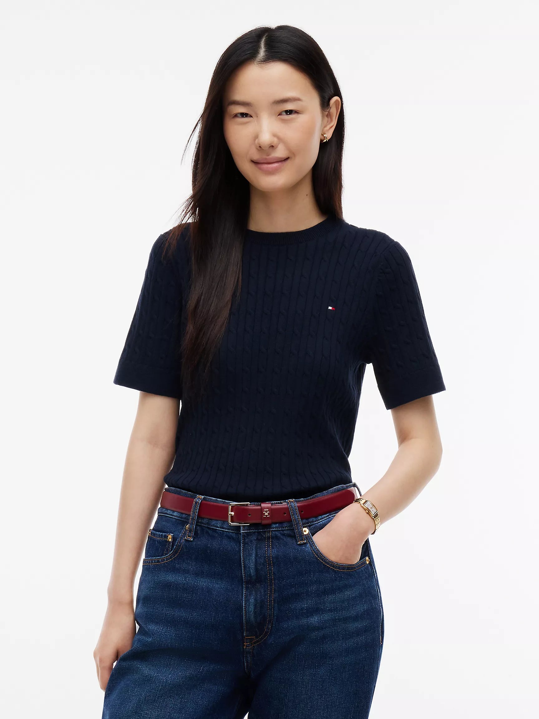 Tommy Women's Short-Sleeve Cable Knit Sweater-Black