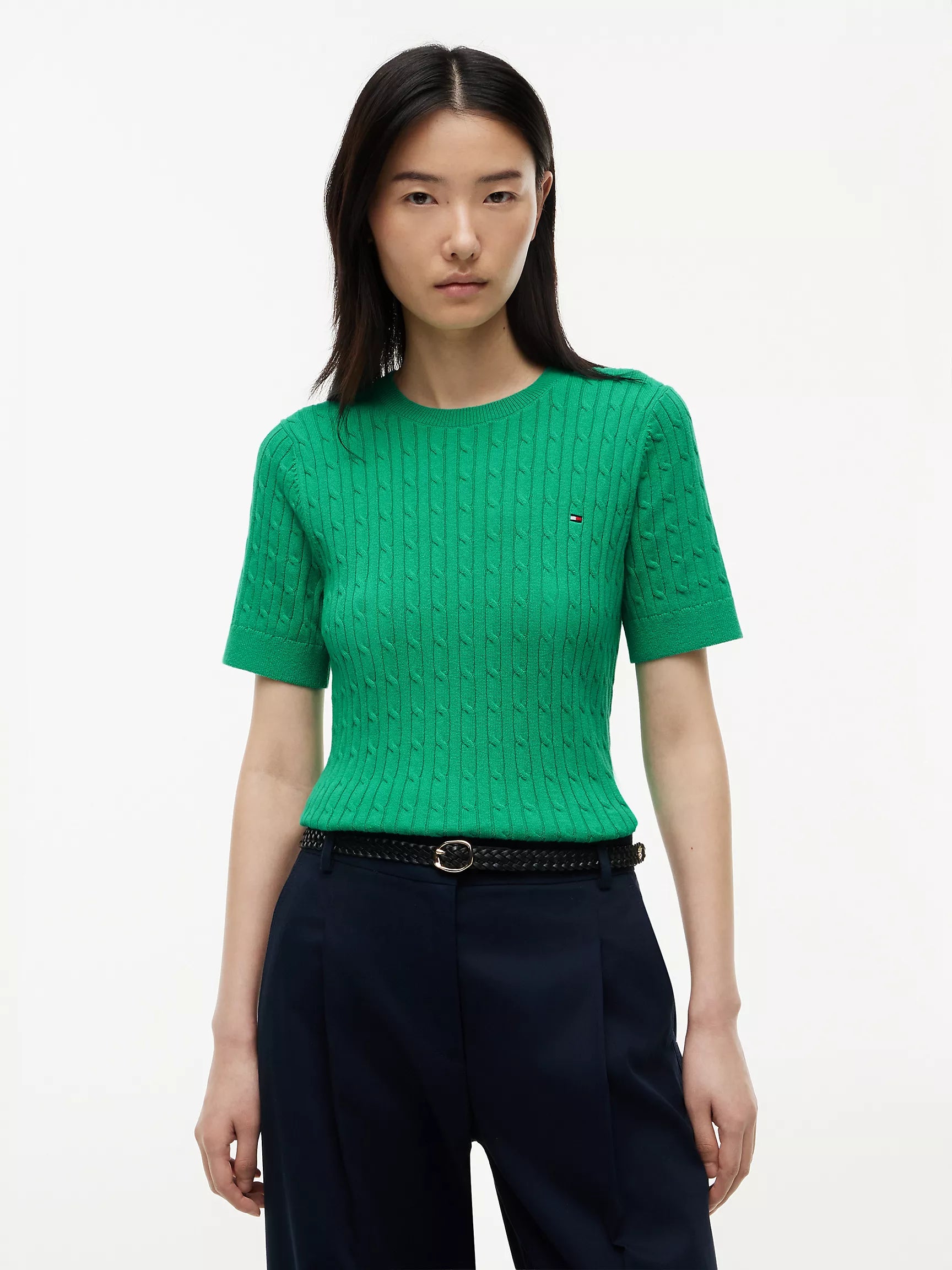 Tommy Women's Short-Sleeve Cable Knit Sweater-Cosmic Green