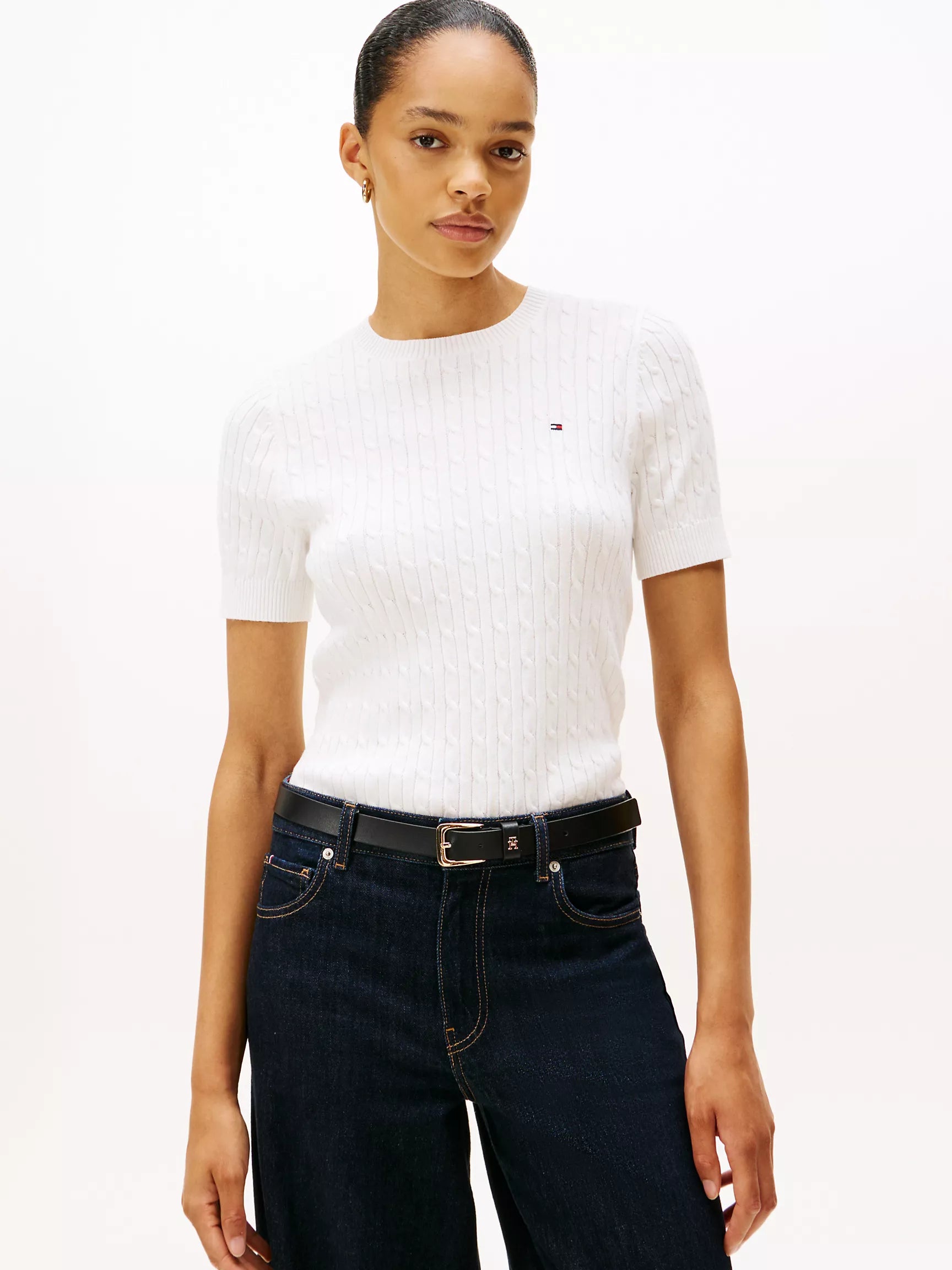 Tommy Womens' Short-Sleeve Cable Knit Sweater Ecru