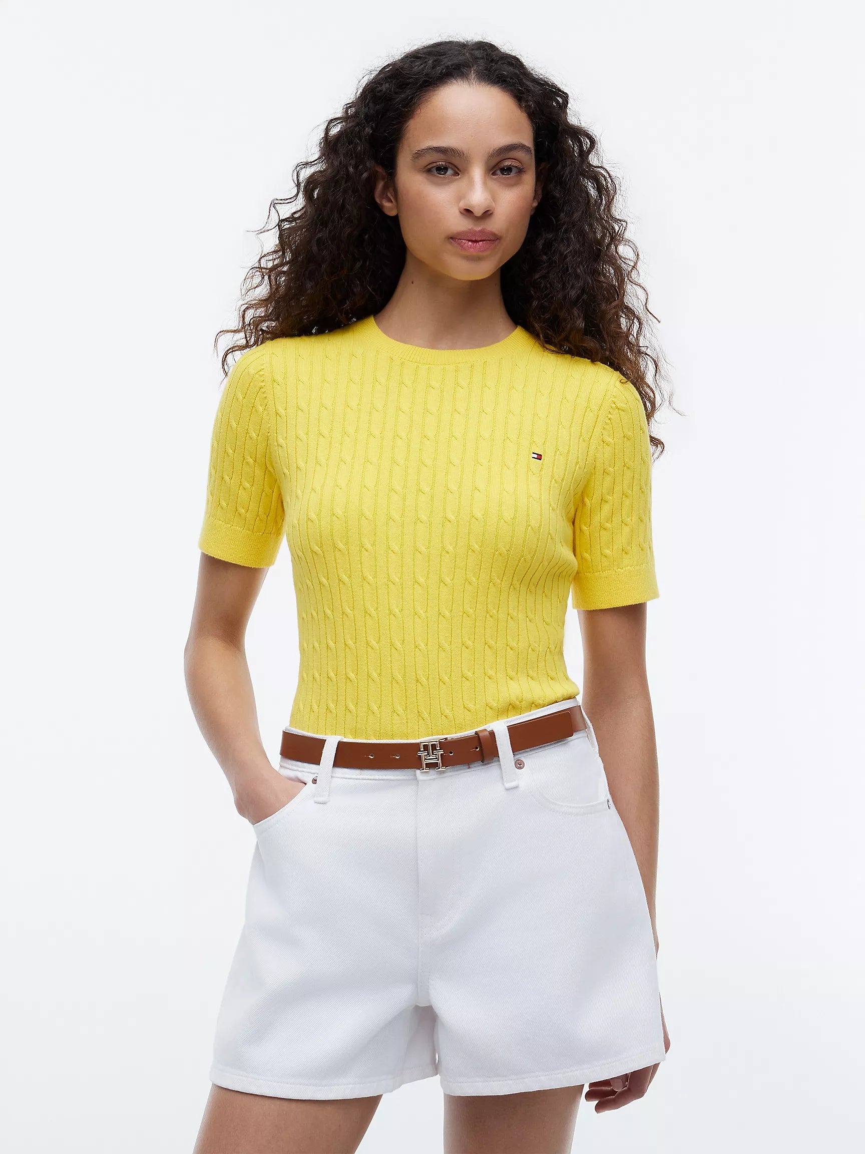 Tommy Women's Short-Sleeve Cable Knit Sweater-Star Fruit Yellow