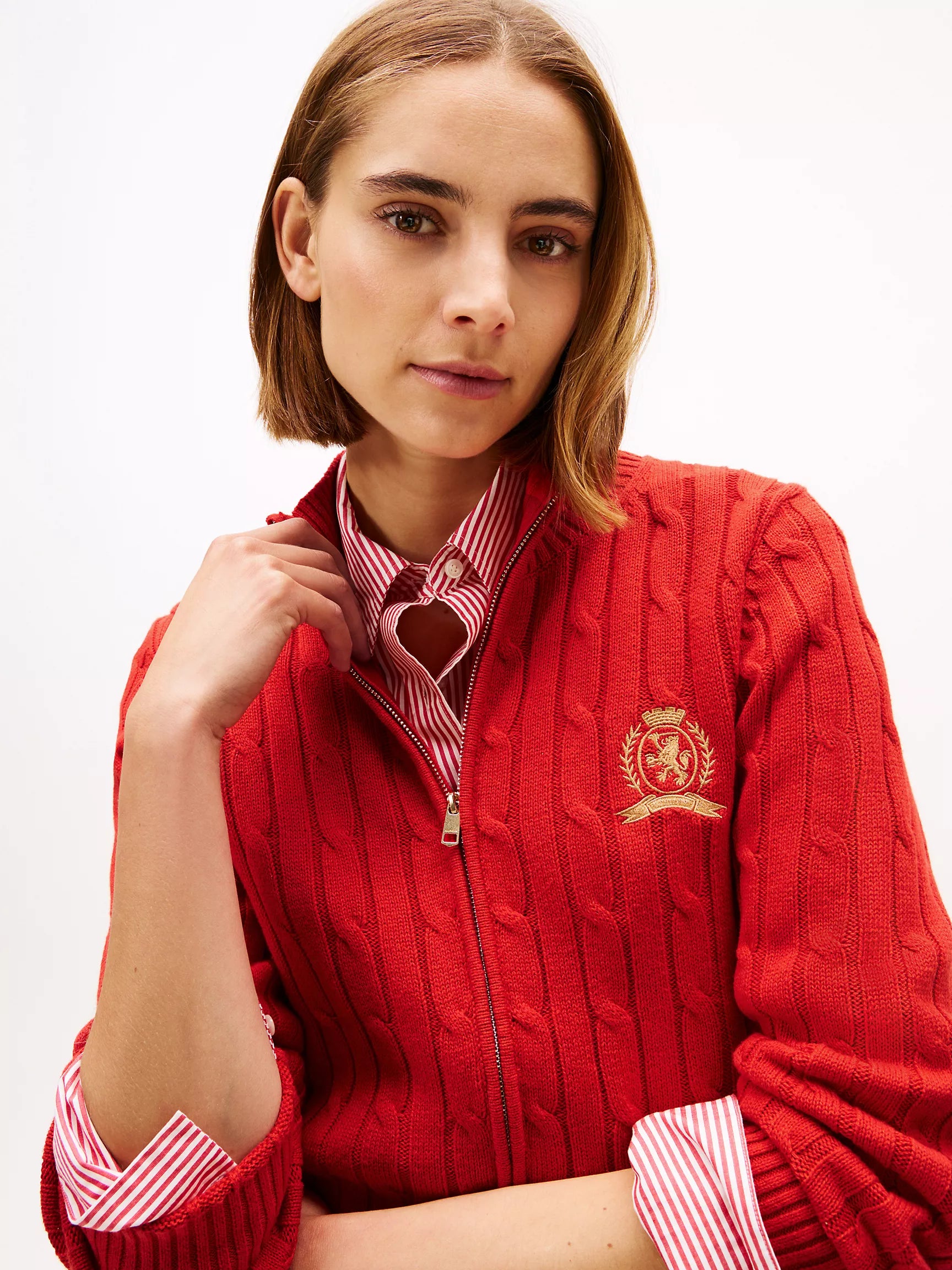 Womens' Tommy Crest Logo Cable Knit Zip Cardigan Primary Red