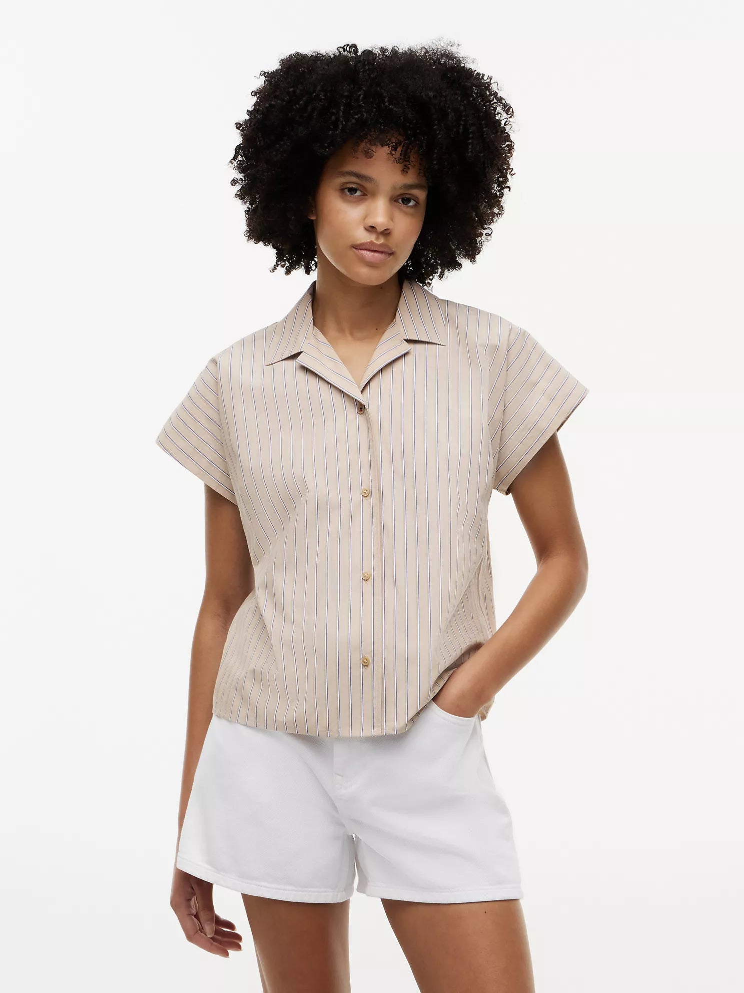 Tommy Women's Striped Poplin Camp Shirt-Clayed Pebble