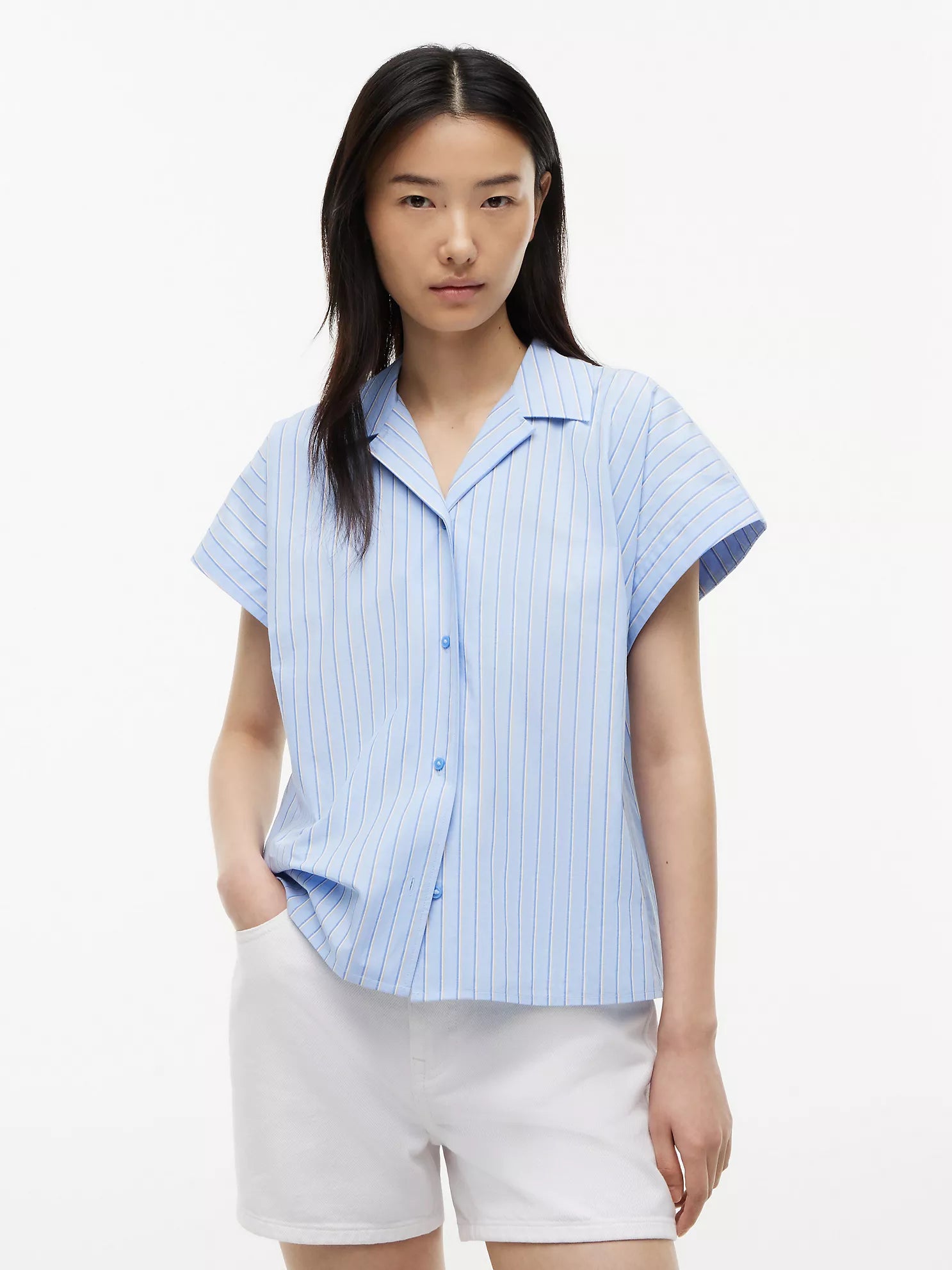 Tommy Women's Striped Poplin Camp Shirt-Vessel Blue
