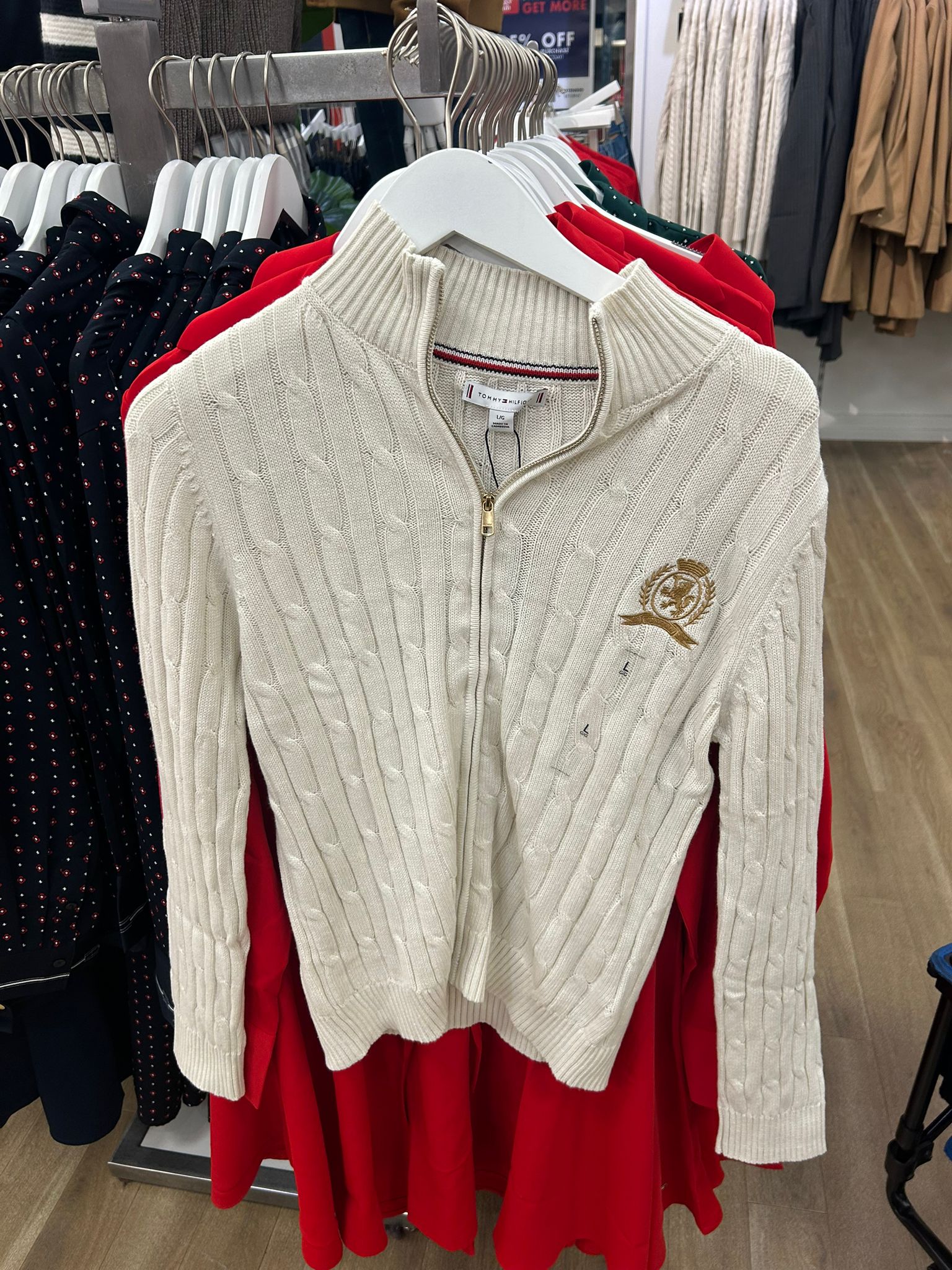 Womens' Tommy Crest Logo Cable Knit Zip Cardigan Ivory