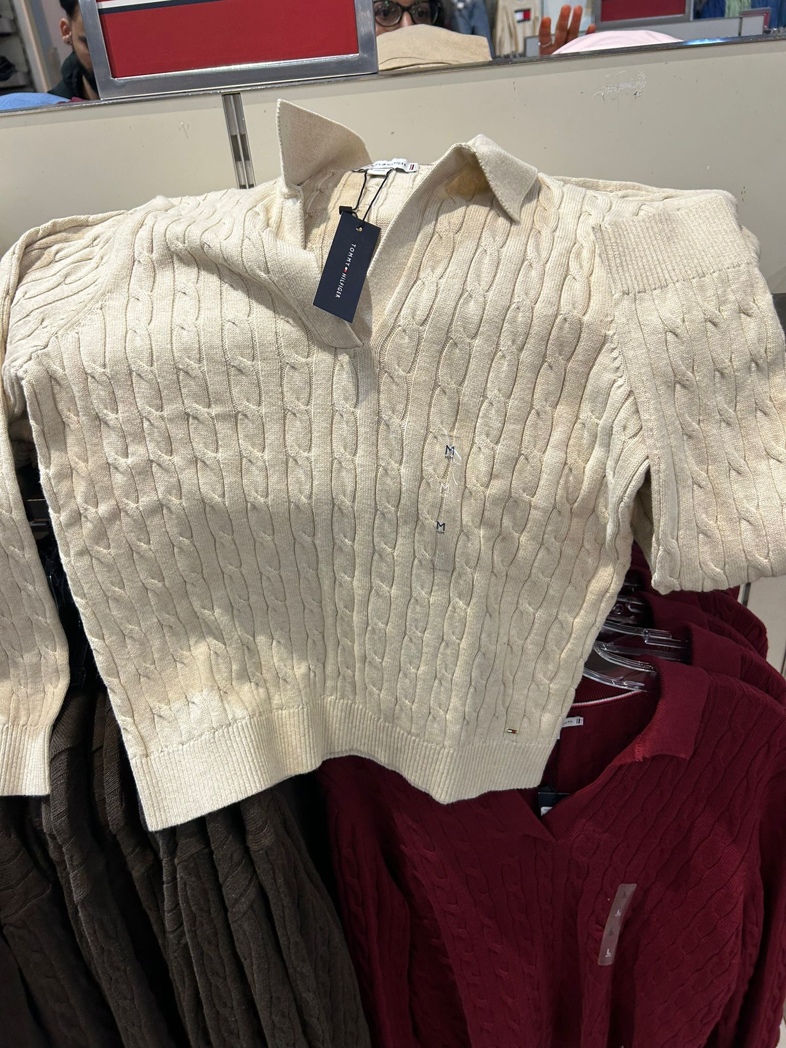 Womens' Open Placket Cable Knit Sweater Polo Dark Beige