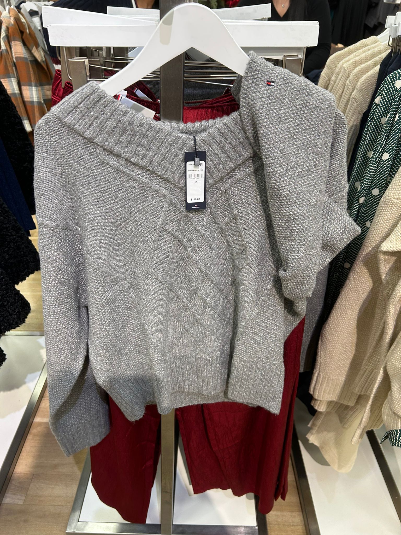 Womens' Tommy Cable Knit Shimmer V-Neck Sweater Medium Grey Heather