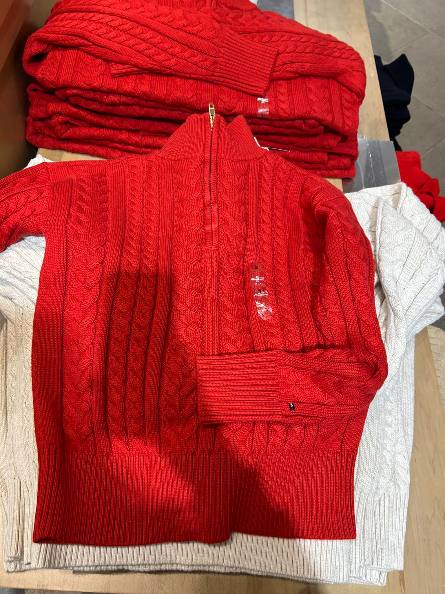 Womens' TOMMY Cable Knit Quarter-Zip Sweater Bright Red