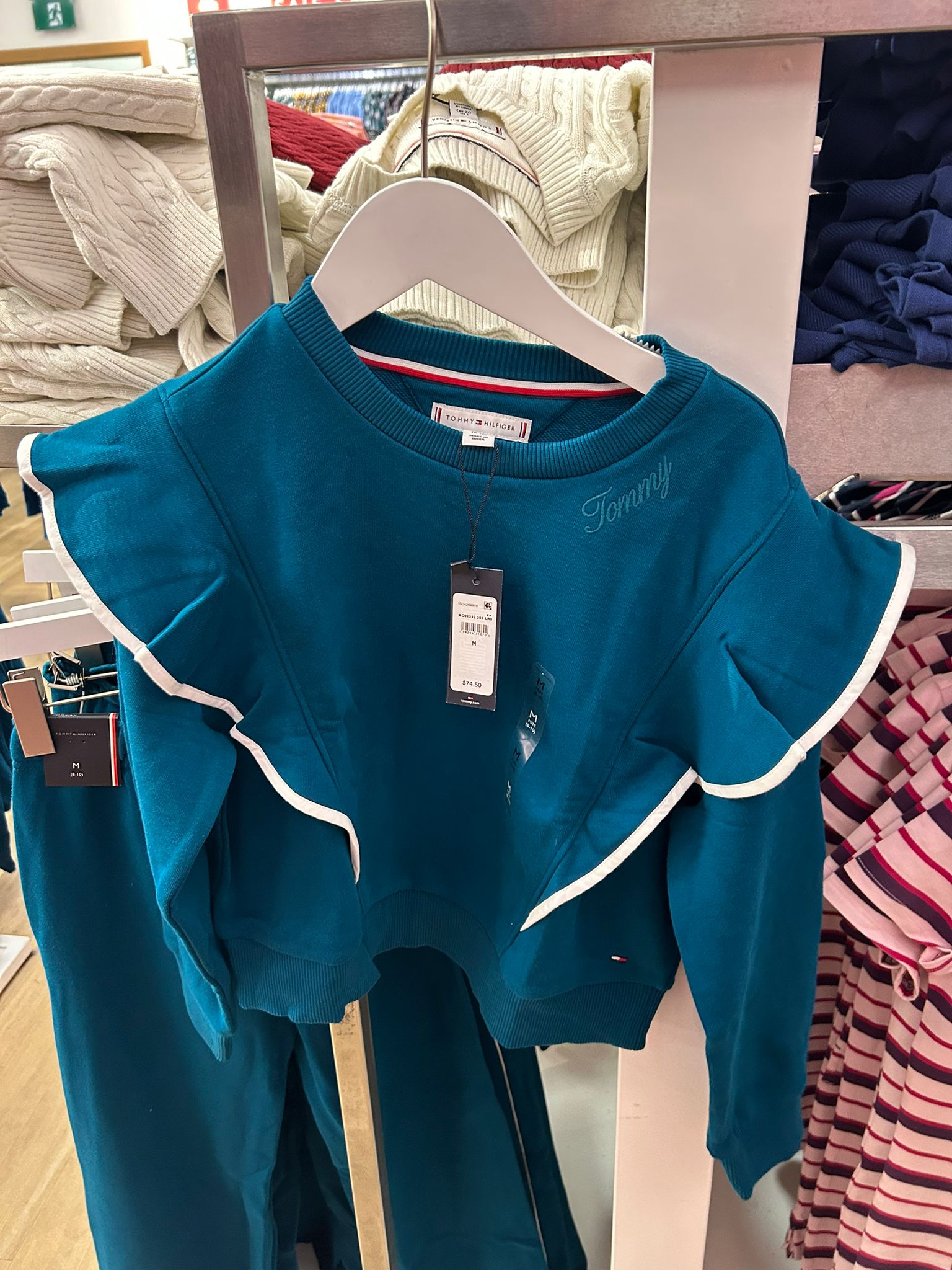 TOMMY Girls Ruffle Trim Fleece Sweatshirt Midnight Turquoise