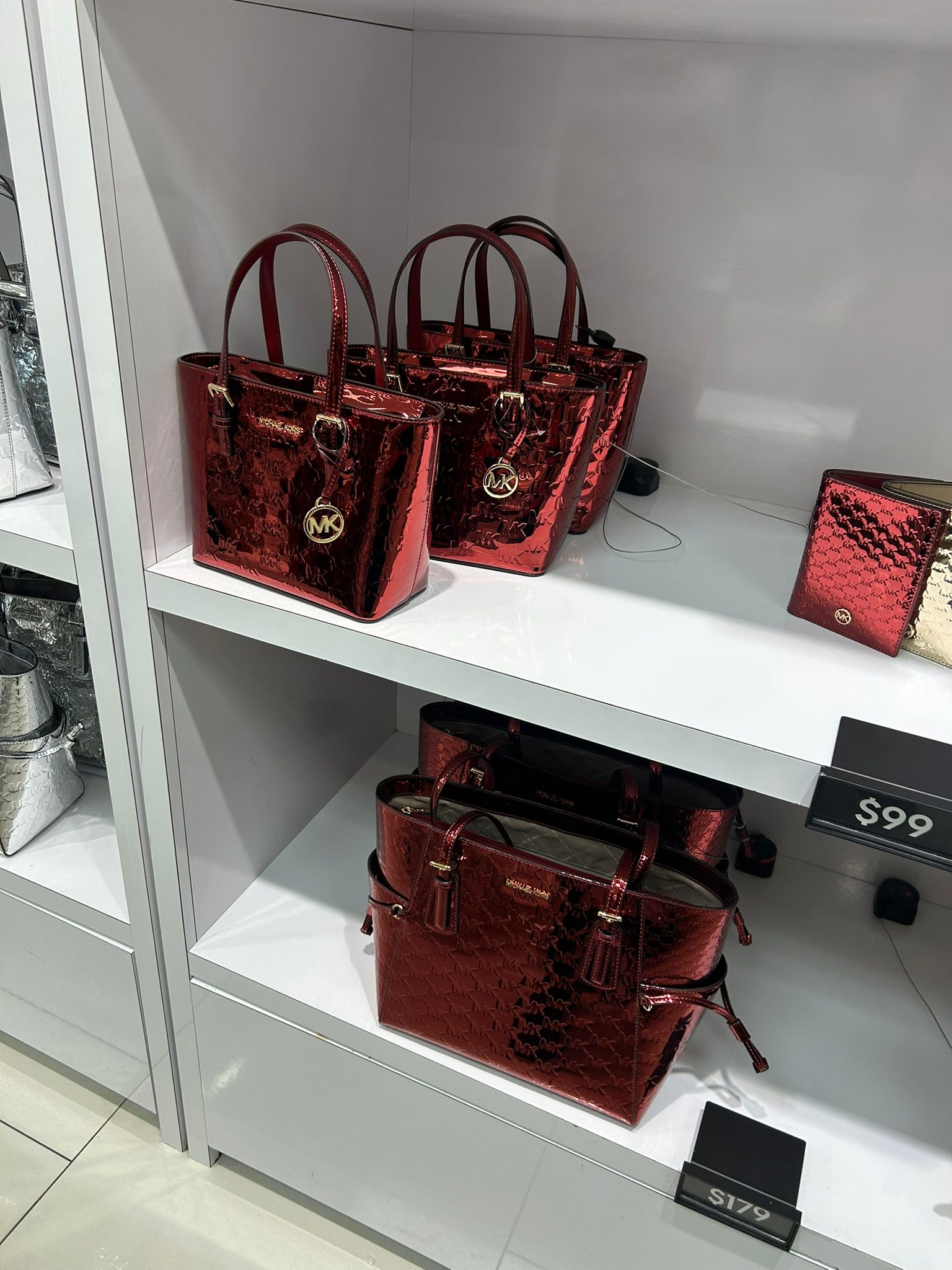 Women's Michael Kors Jet Set Extra-Small Metallic Logo Debossed Convertible Tote Bag CHERRY