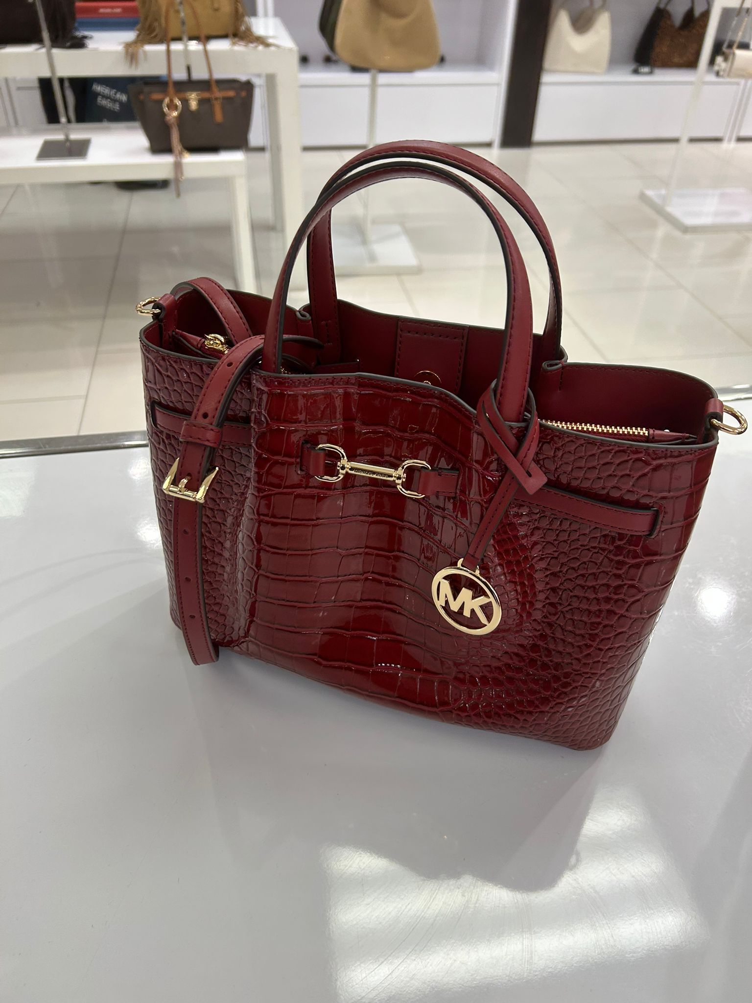 Women's Michael Kors Carson Medium Crocodile Embossed Satchel CHERRY