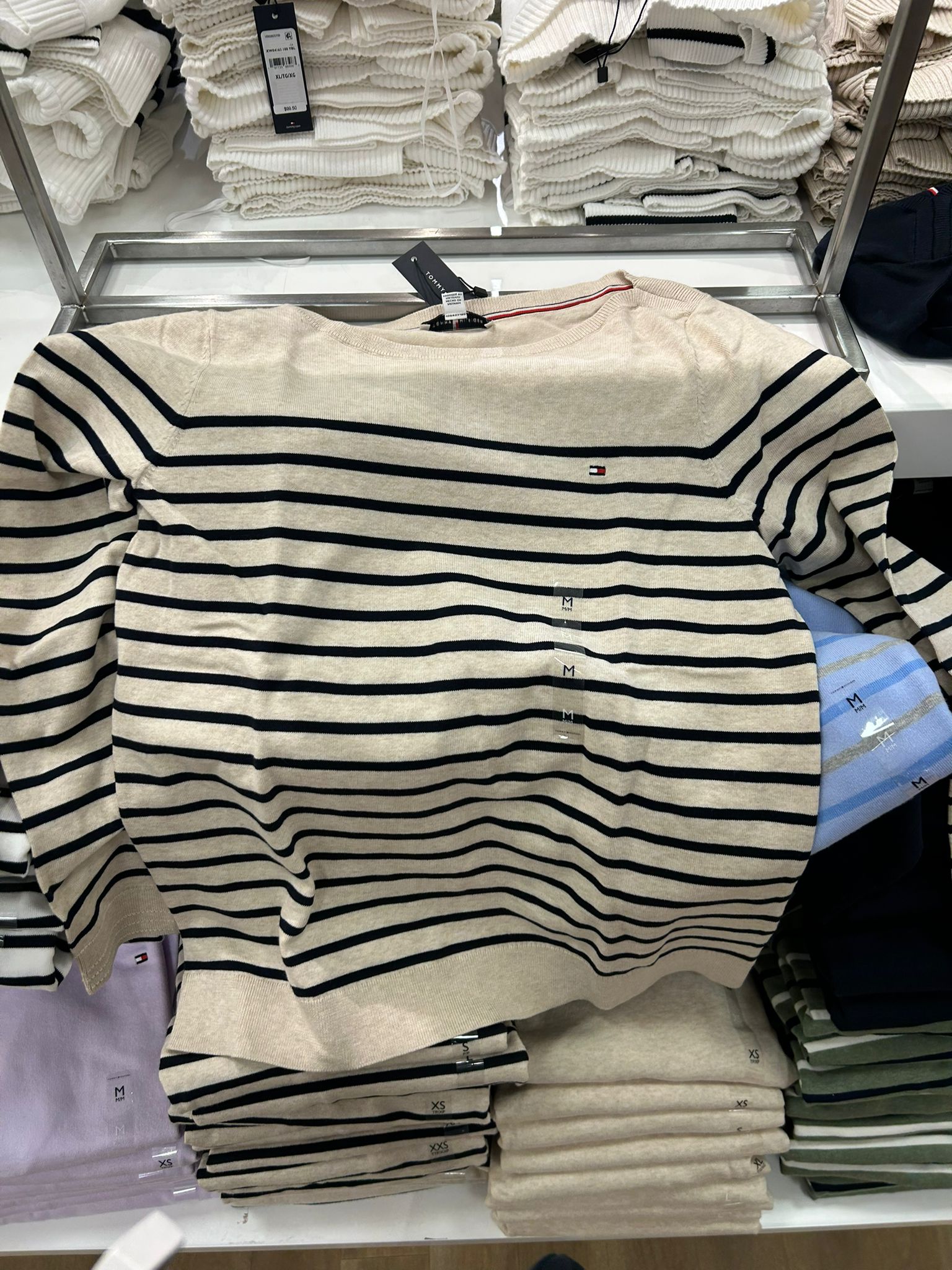 Womens' Tommy Stripe Boatneck Sweater Beige Heather