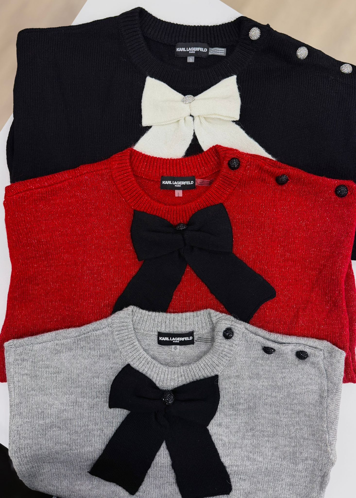 Womens' KARL LAGERFELD PARIS Women's Big Bow Applique Long Sleeve Sweater Black