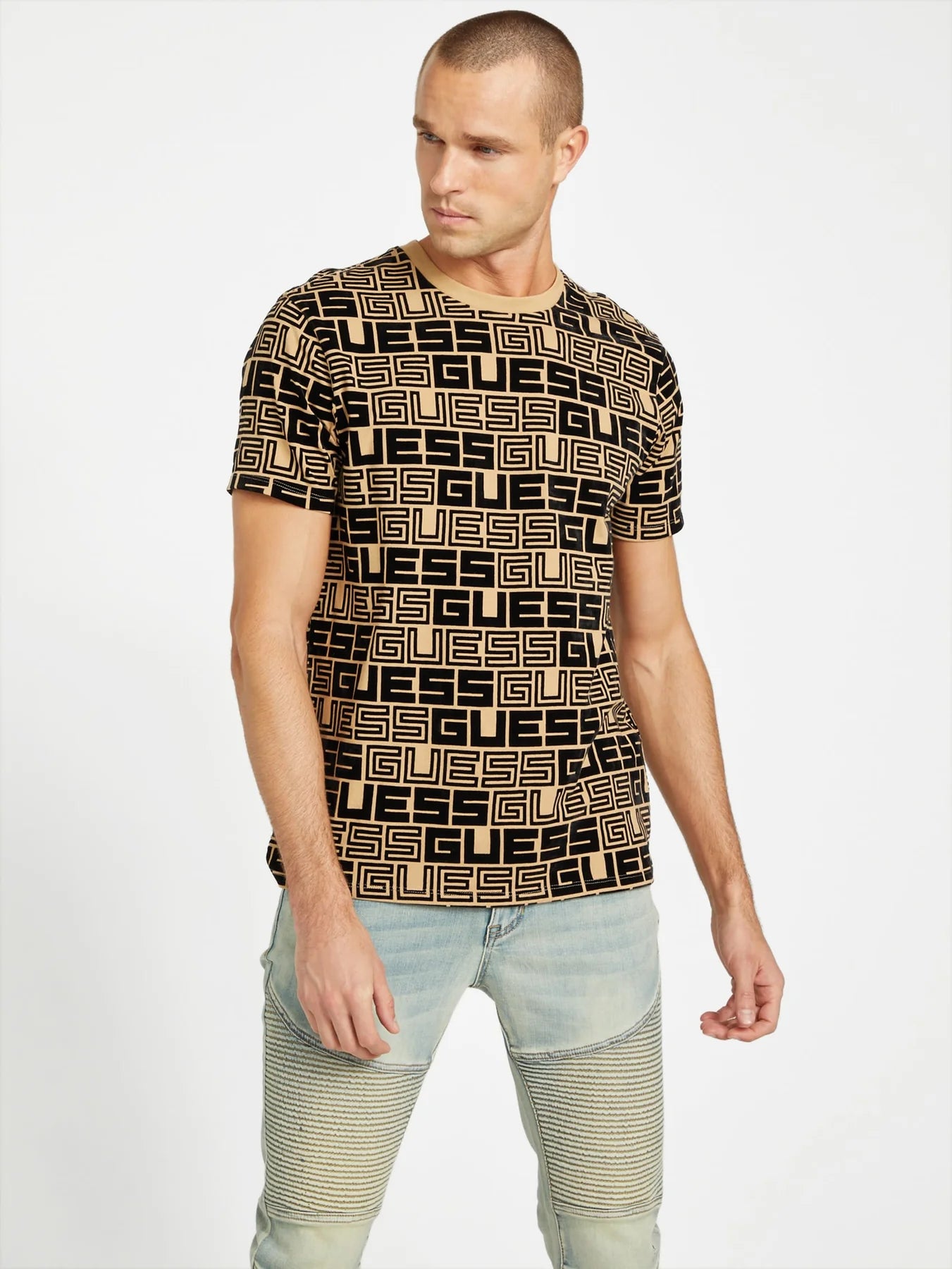 Guess Allover Logo Monogram Tee-Beige