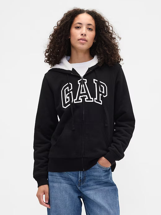 Womens' GAP Relaxed Gap Logo Sherpa-Lined Zip Hoodie Black