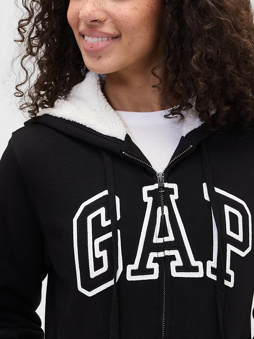 Womens' GAP Relaxed Gap Logo Sherpa-Lined Zip Hoodie Black