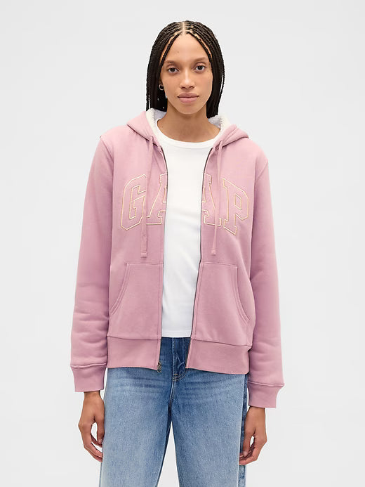 Womens' GAP Relaxed Gap Logo Sherpa-Lined Zip Hoodie Tan Chino