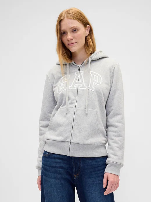 Womens' GAP Relaxed Gap Logo Sherpa-Lined Zip Hoodie Pale Grey Heather