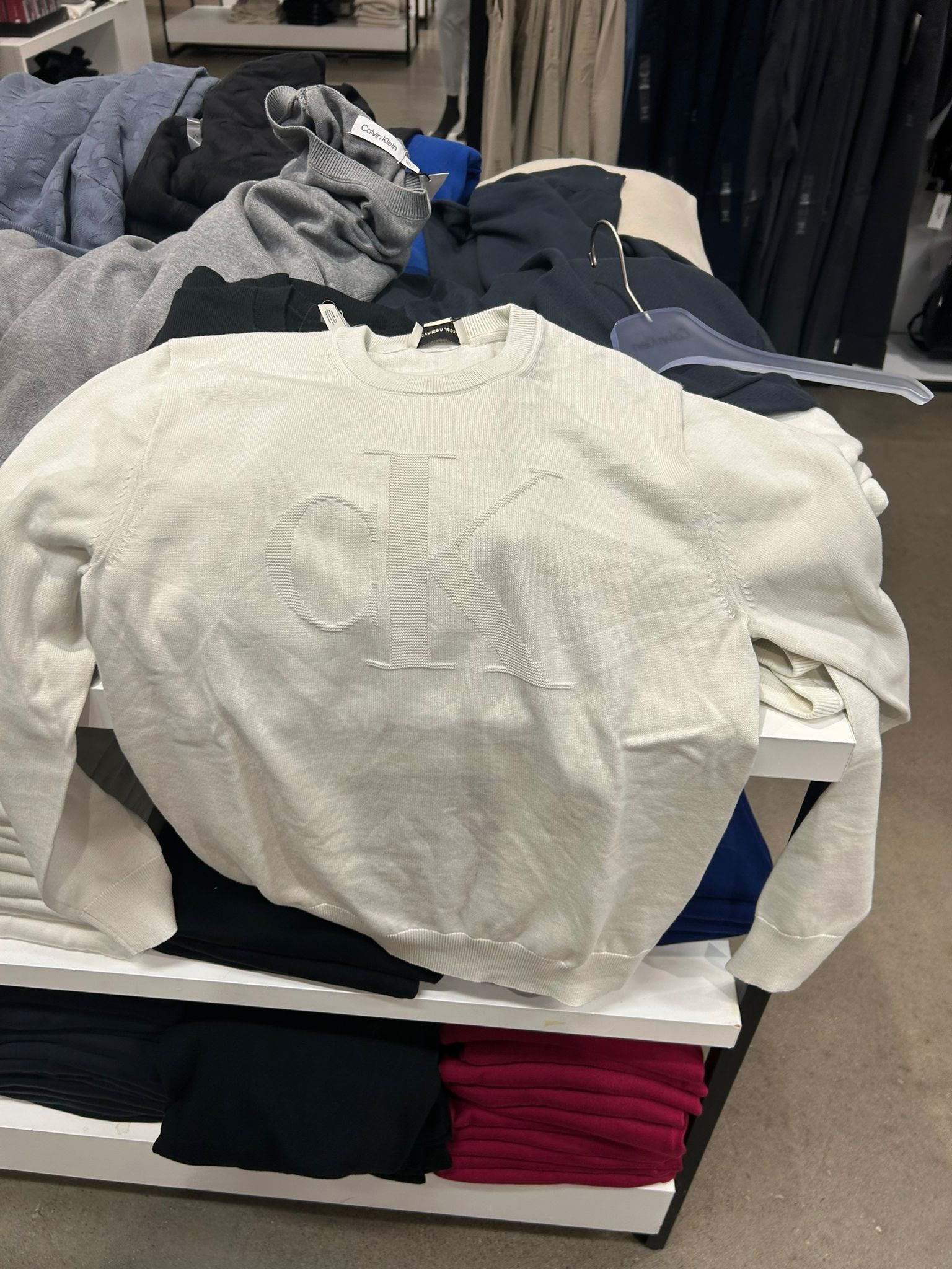 CALVIN KLEIN Mens' Smooth Cotton Monogram Sweater Chalk