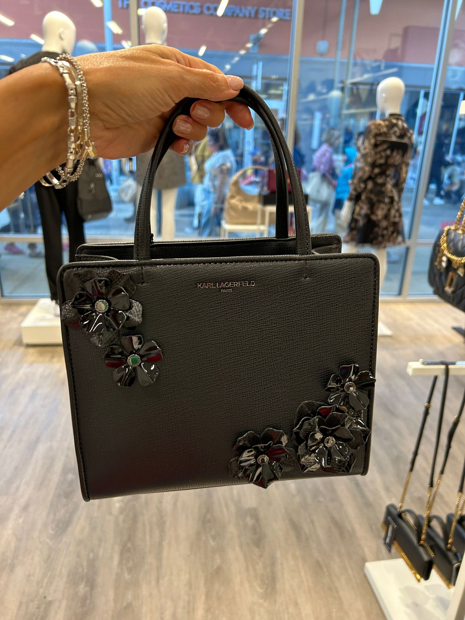 Karl Lagerfeld Paris Womens' MAYBELLE TOP HANDLE SATCHEL WITH FLOWERS BLACK