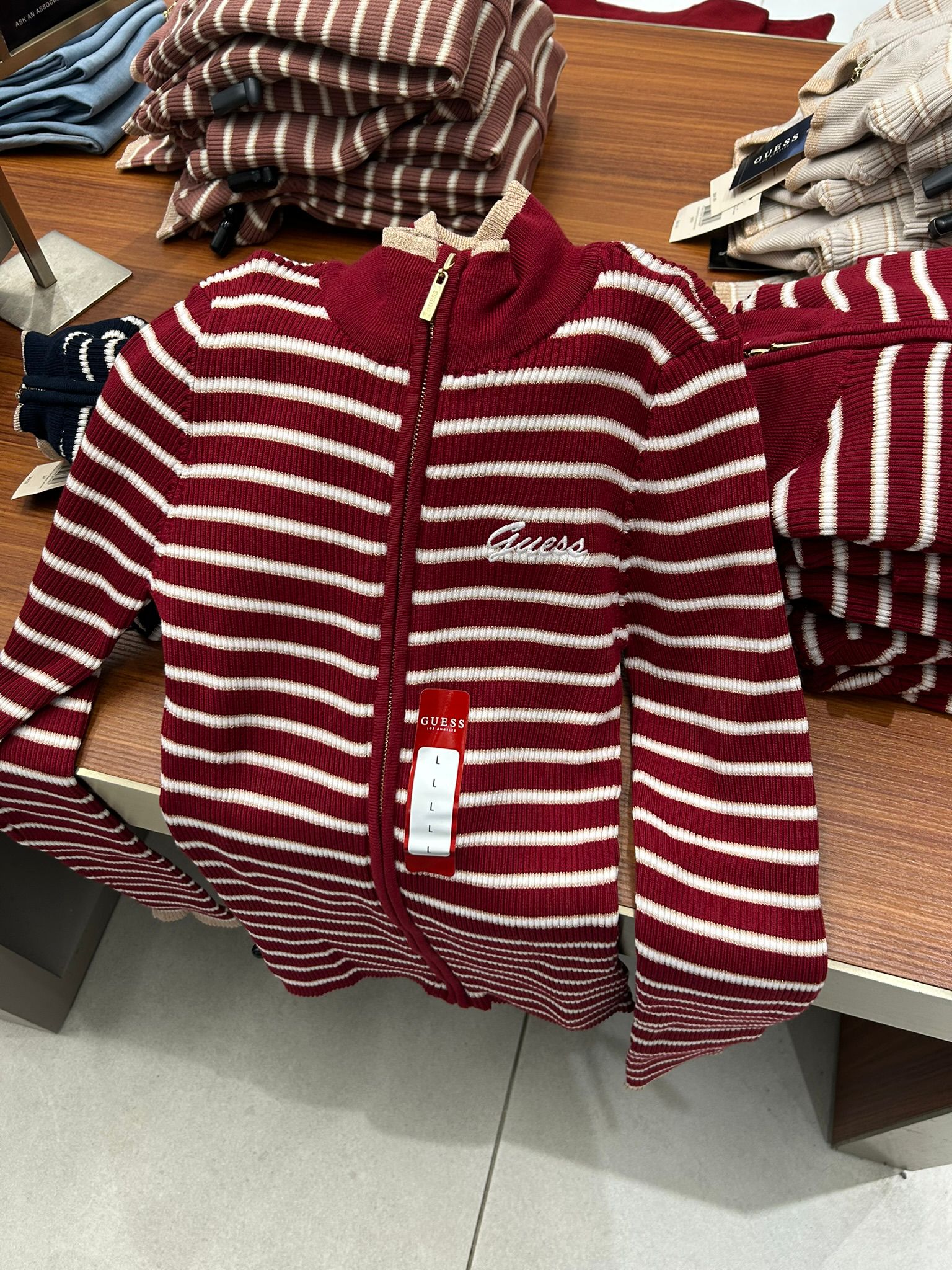 Guess Womens' Zinnia Striped Zip Sweater Red