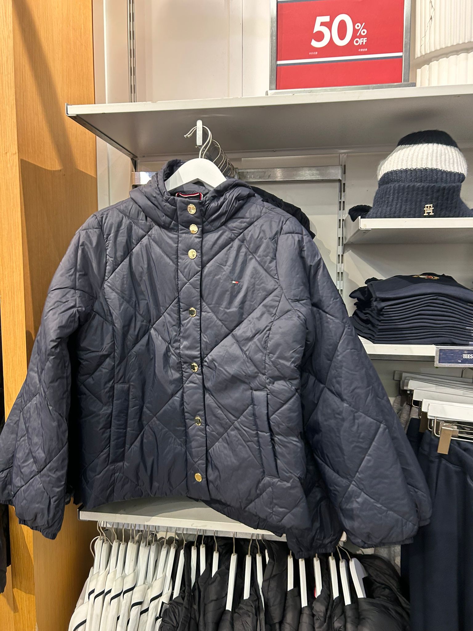 TOMMY WOMENS' Lightweight Hooded Padded Quilted Jacket Navy Blue