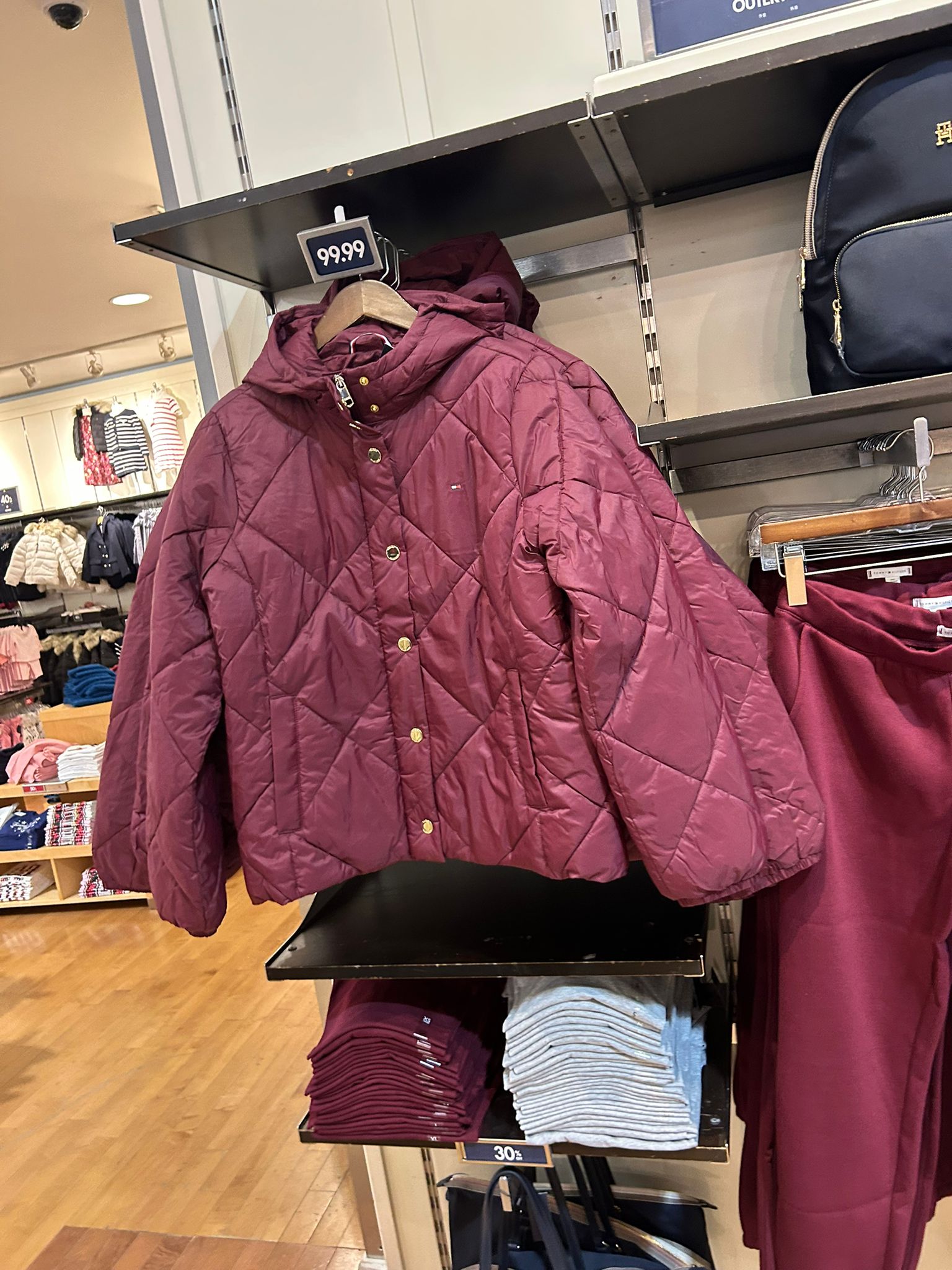 Tommy WOMENS' Hooded Padded Quilted Jacket Burgundy