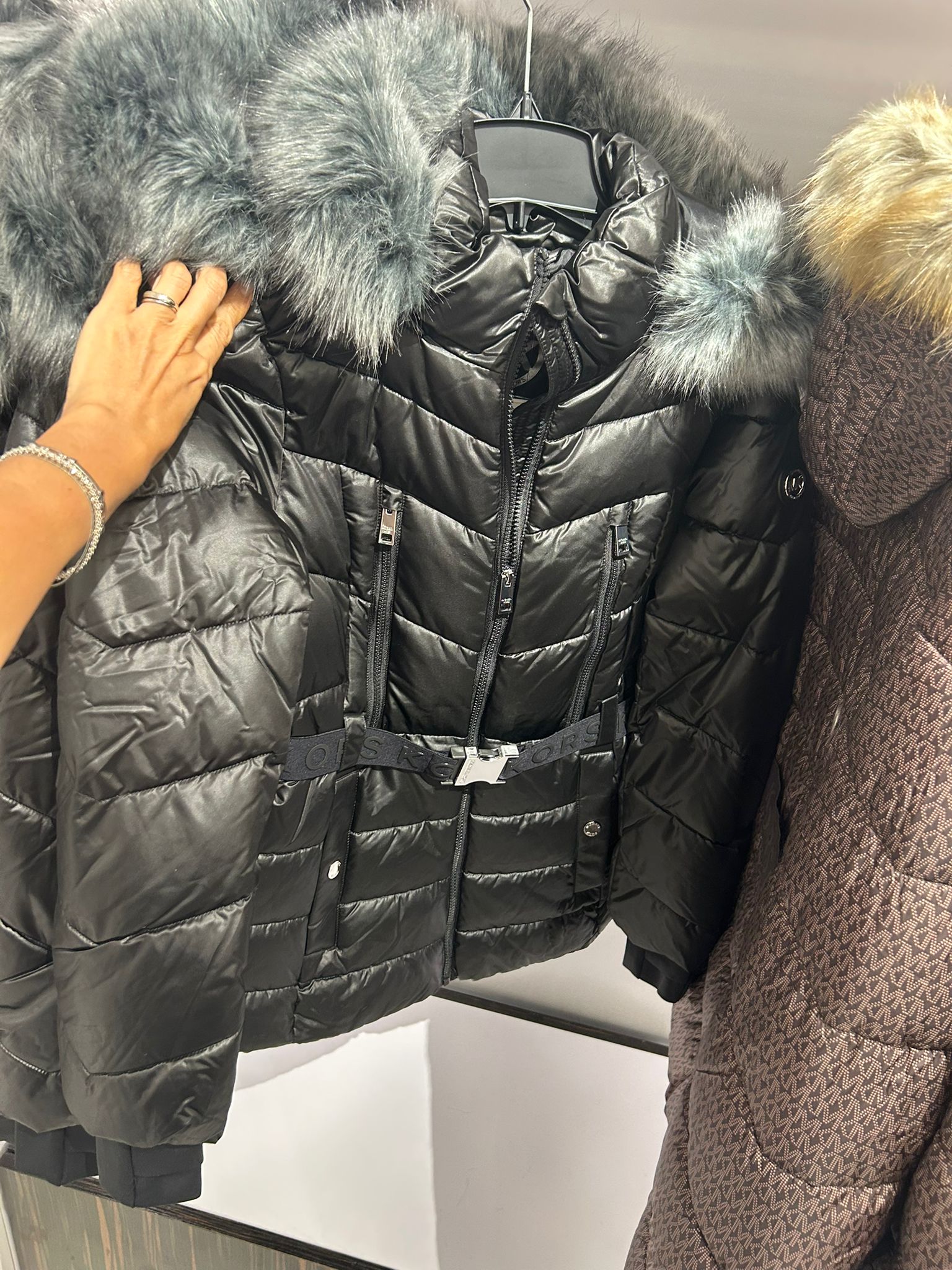 Michael Kors WOMENS' Faux Fur Trim Belted Puffer Jacket Black