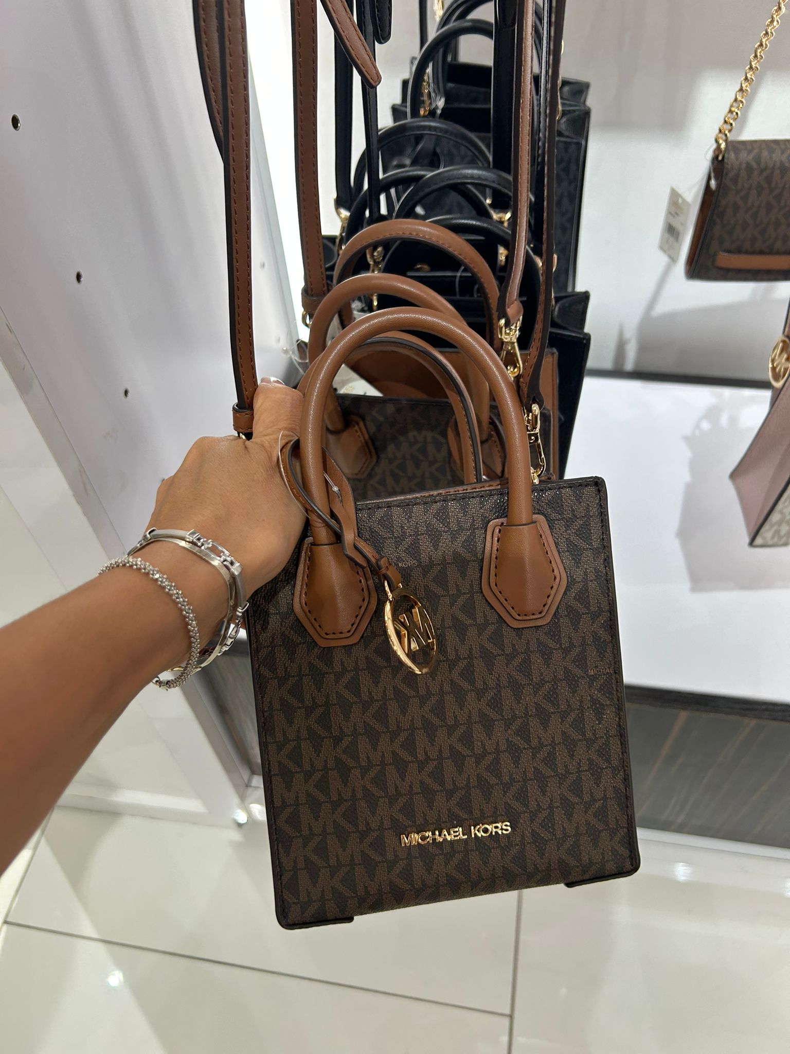 Michael Kors WOMENS' Mercer Extra-Small Logo and Leather Crossbody Bag BROWN