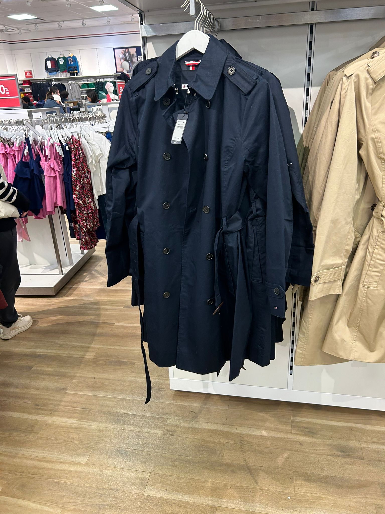 TOMMY WOMENS' Double-Breasted Belted Trench Coat Navy