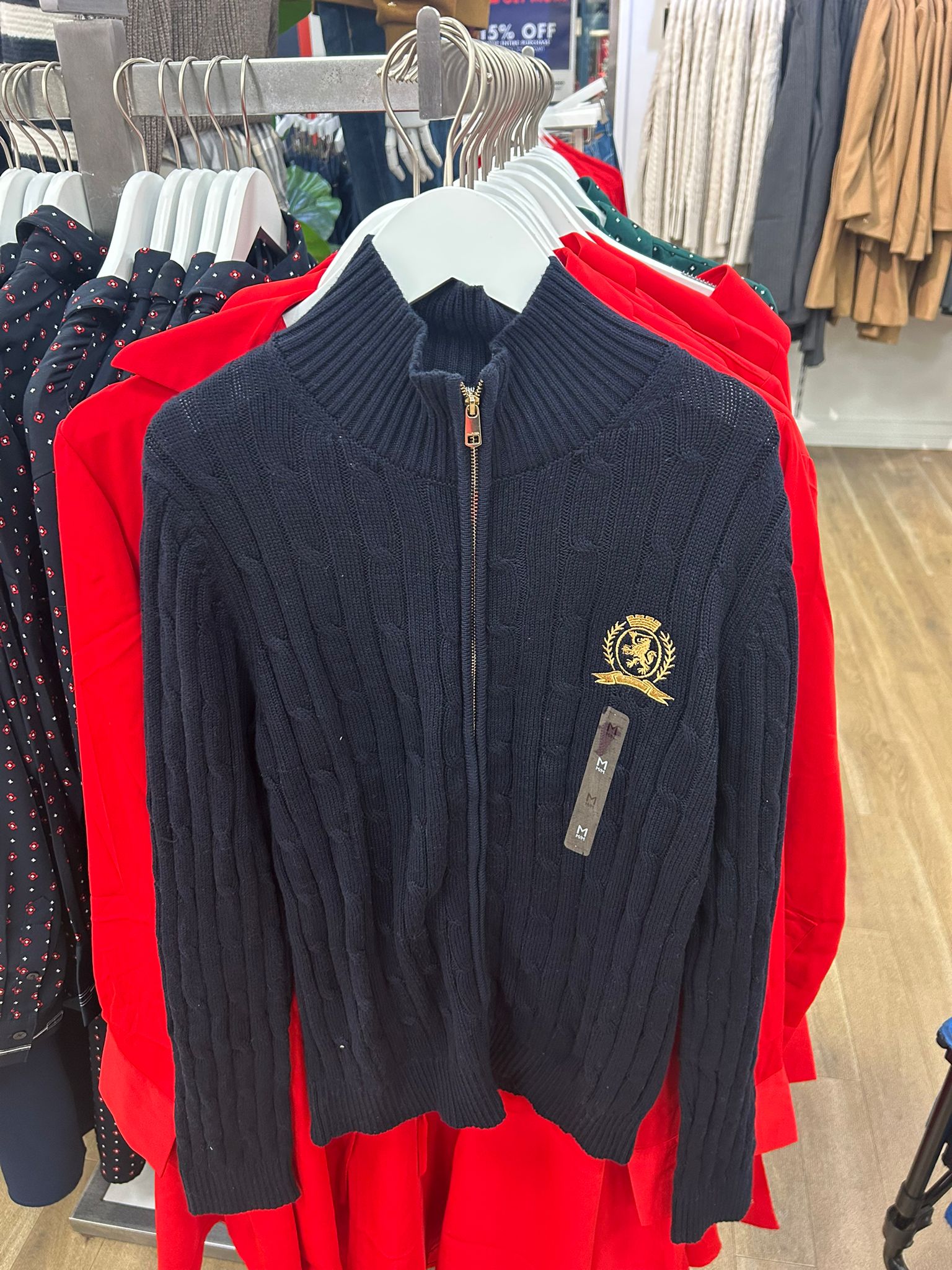 Womens' Tommy Crest Logo Cable Knit Zip Cardigan Navy