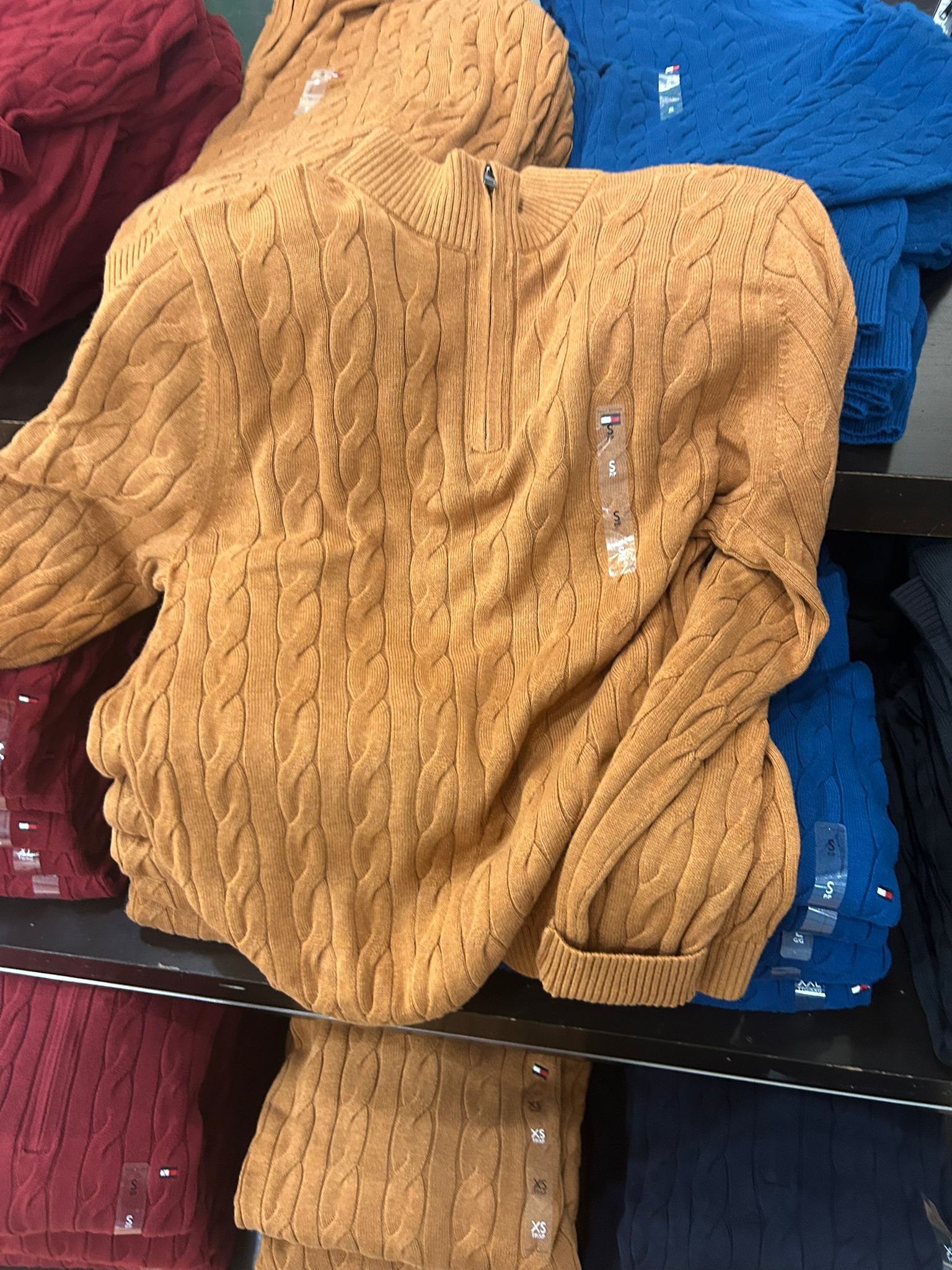 Mens' Tommy Cable Knit Quarter-Zip Sweater Spice Brown Heather