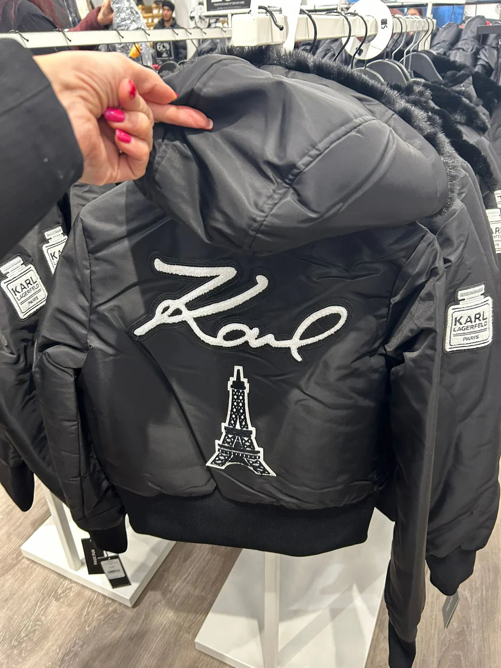 Womens' Karl Lagerfeld Paris PATCH FUR HOOD BOMBER JACKET