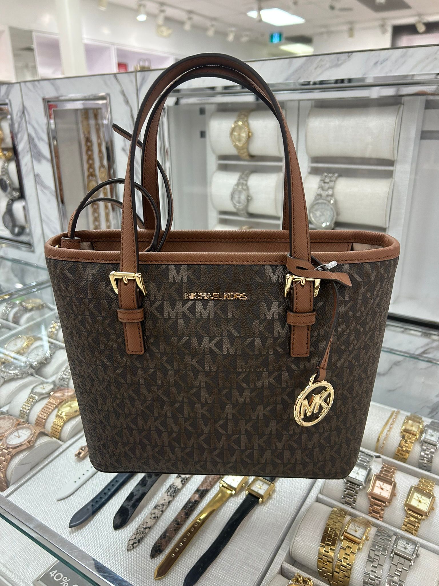 Women's Michael Kors Jet Set Travel Extra-Small Logo Top-Zip Tote Bag brown